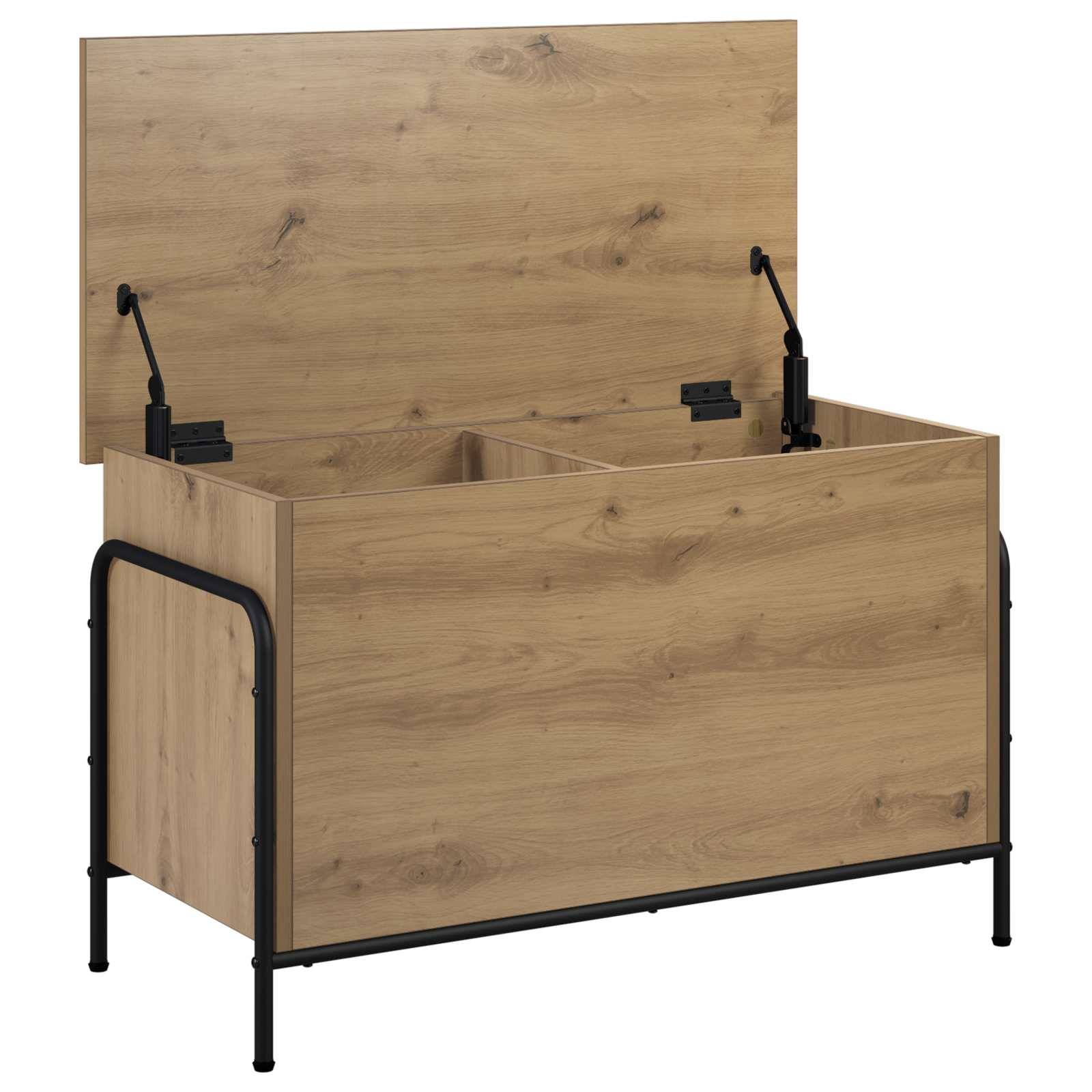 Holzlagertruhe mit aufklappbarem Deckel, schwarzem Metallrahmen und unterteiltem Innenraum mit Fächern.