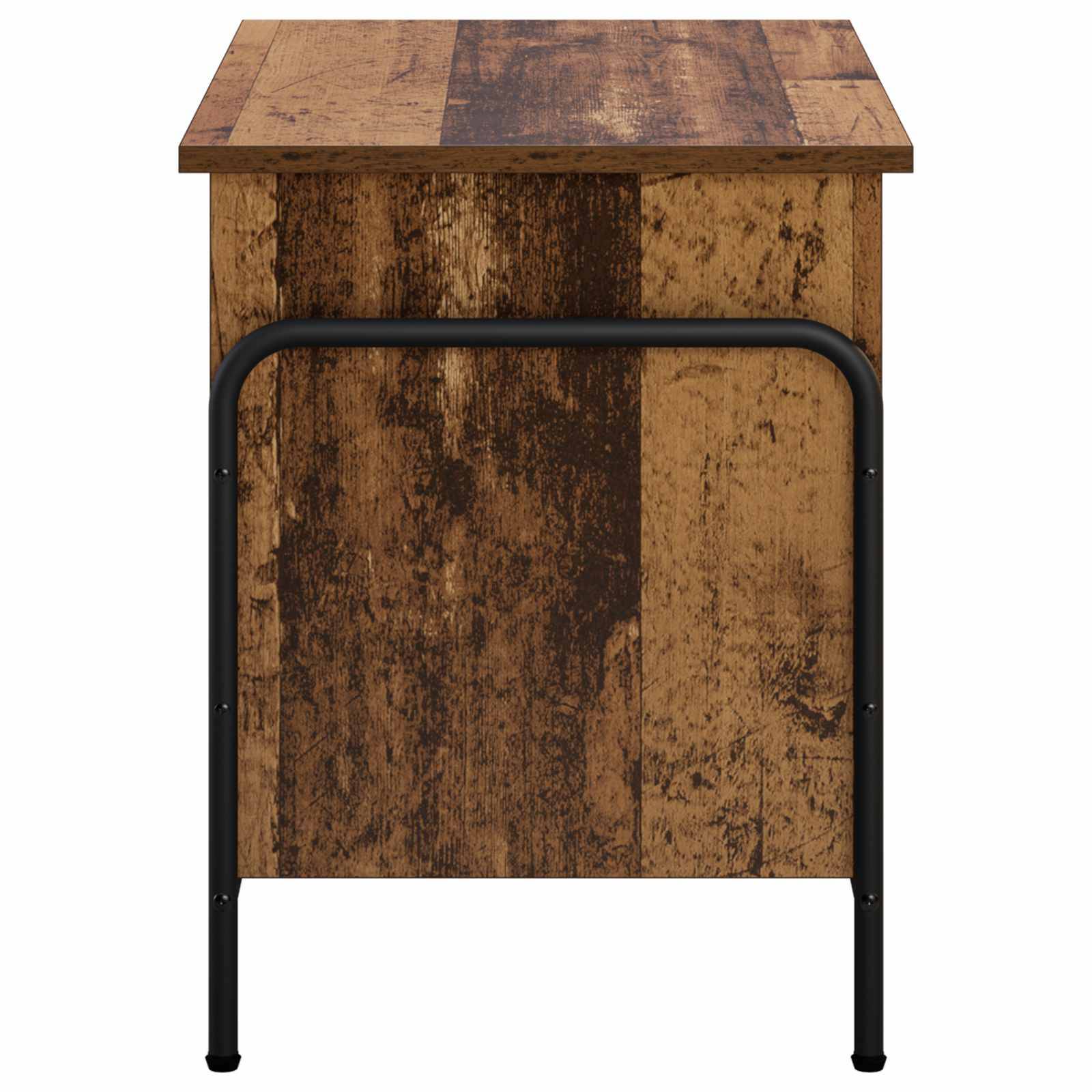Rustikaler Holzbeistelltisch mit quadratischer Tischplatte und schwarzen Metallbeinen, Vorderansicht auf weißem Hintergrund.