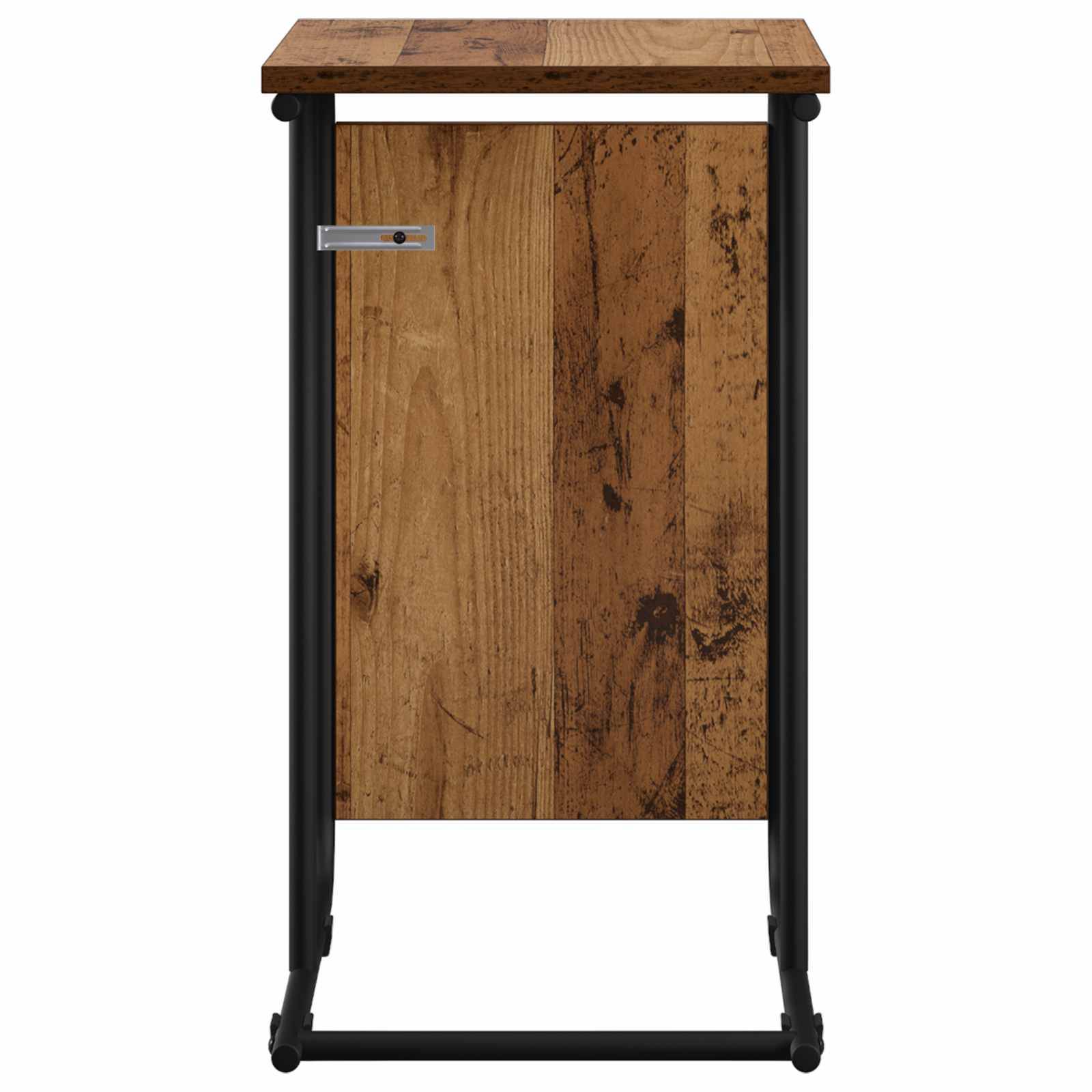 Holzschrank oder Beistelltisch mit schwarzem Metallrahmen und kleinem Griff, dargestellt vor weißem Hintergrund.