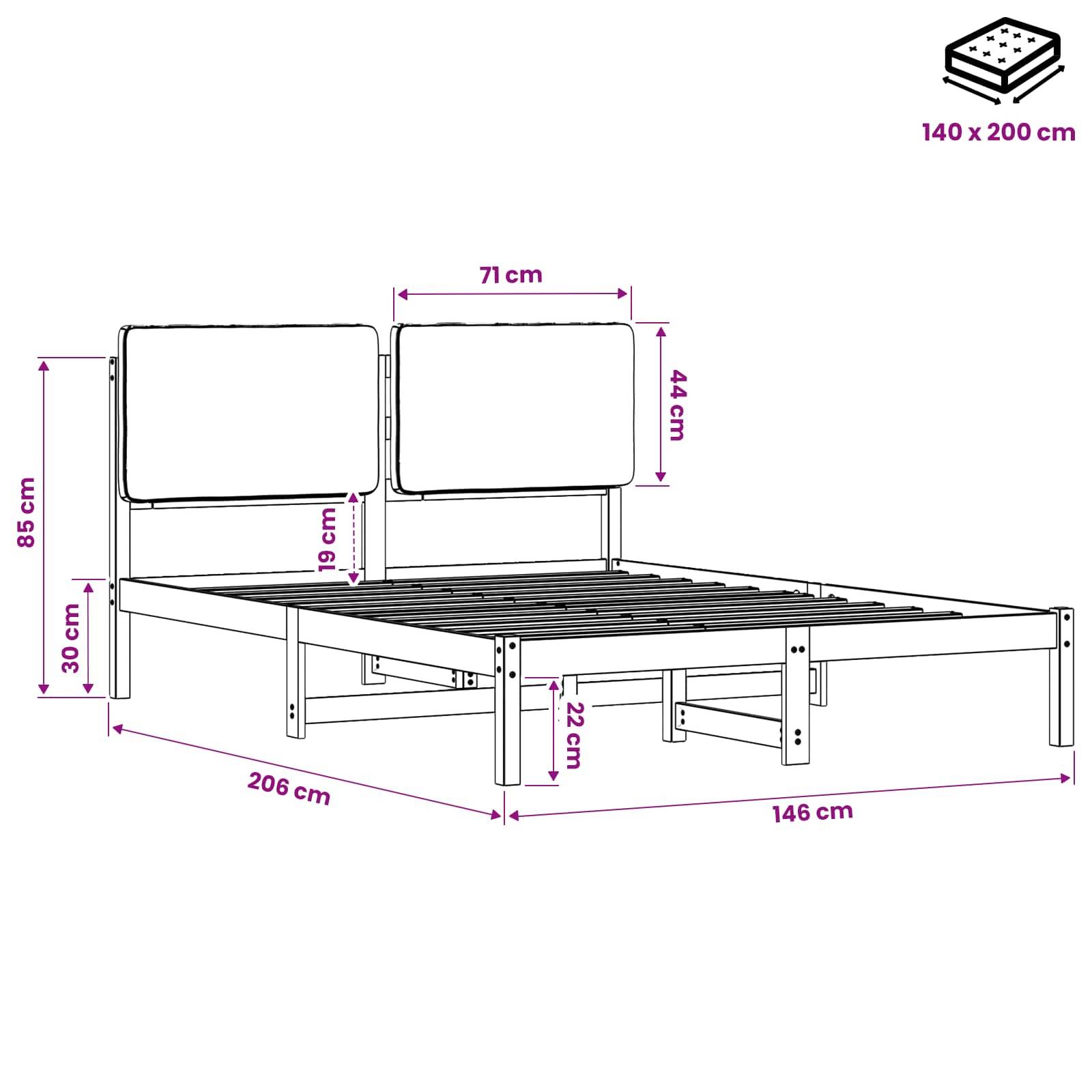 Diagramm eines Bettgestells mit Kopfteil und Lattenrost, gekennzeichnete Abmessungen für eine 140 x 200 cm Matratze; Gesamtgröße und Teile sind in Zentimetern angegeben.