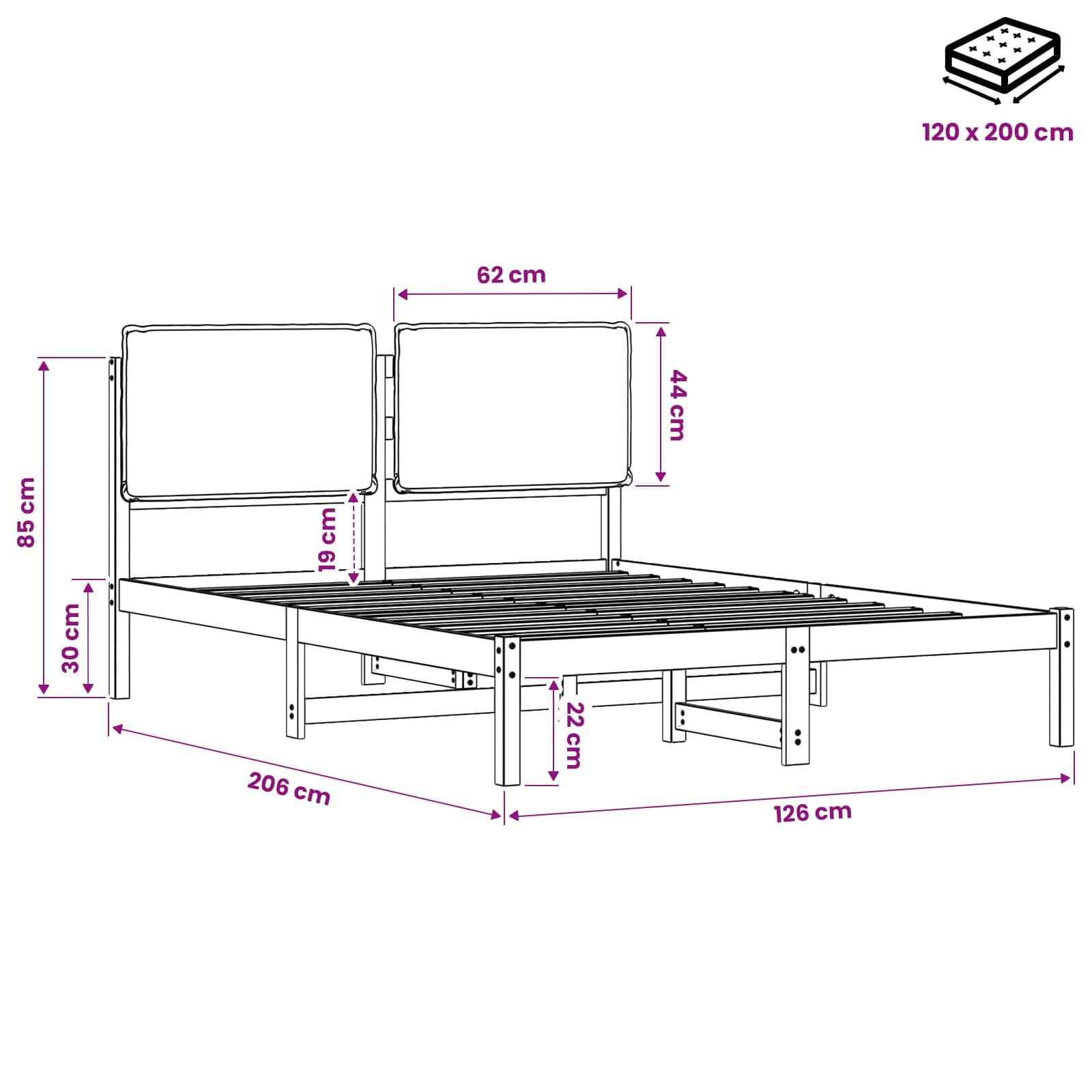 Technische Zeichnung eines Bettgestells mit zwei Kopfteilpanelen und Matratzengröße 120 x 200 cm, mit den Abmessungen: 206 cm Länge, 126 cm Breite, 85 cm Höhe.