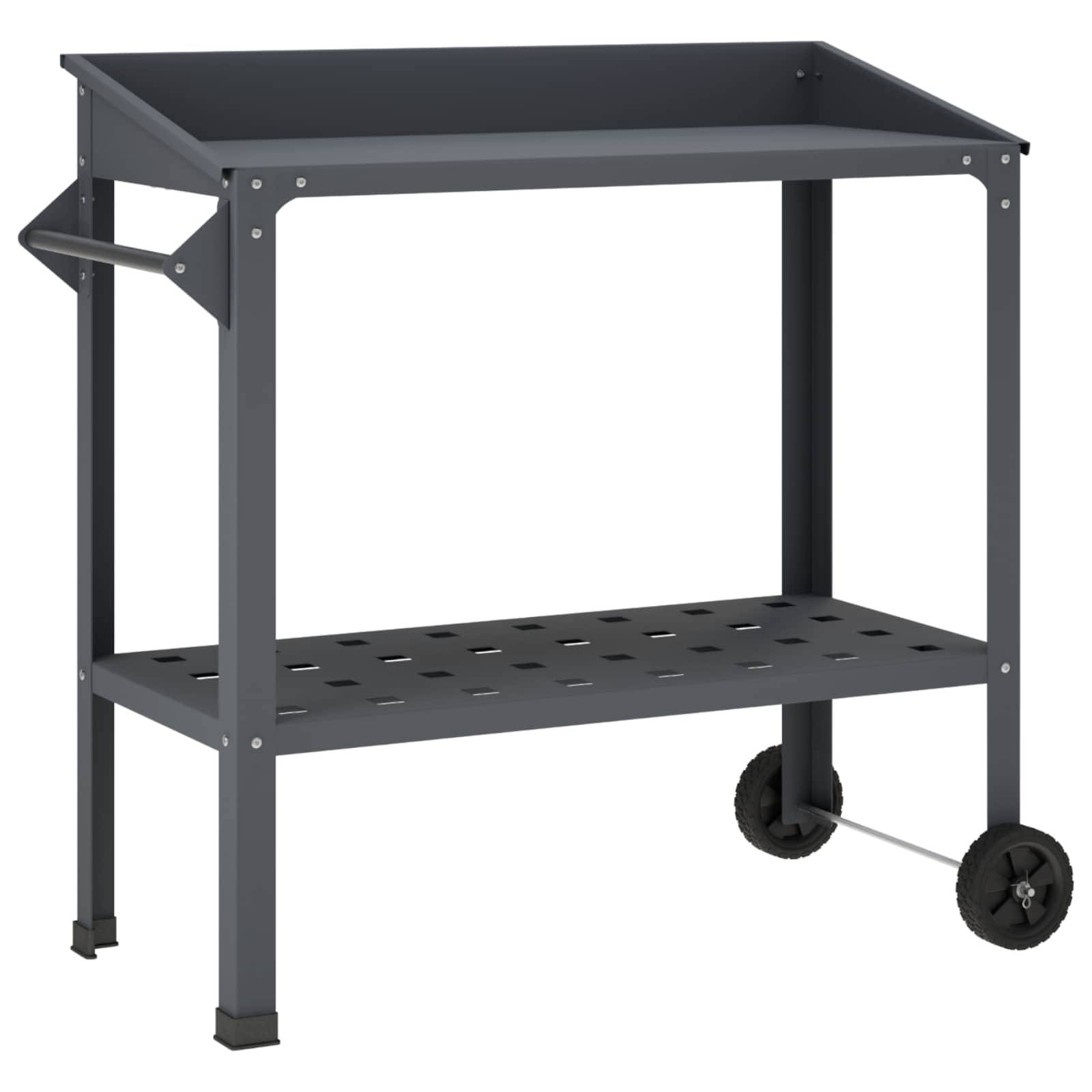 Graue Stahl-Gartenpottiertisch mit oberem Tablett, durchlöchertem unterem Regal, seitlichem Griff und zwei Rädern zum einfachen Transportieren