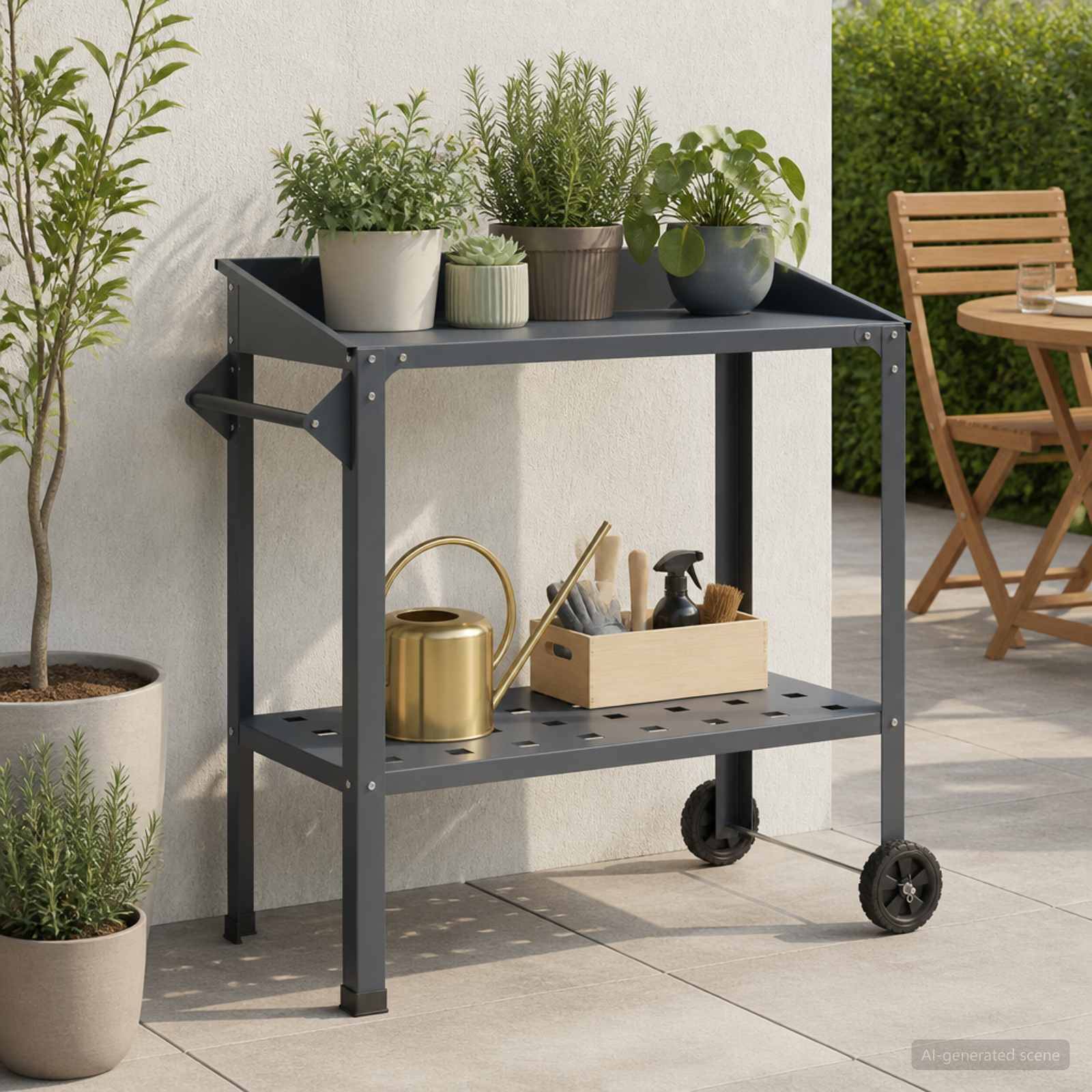 Outdoor-Topfwagen mit bepflanzten Kräutern auf dem oberen Regal und Gartengeräten, Gießkanne und Zubehör auf dem unteren Regal, auf einer Terrasse.