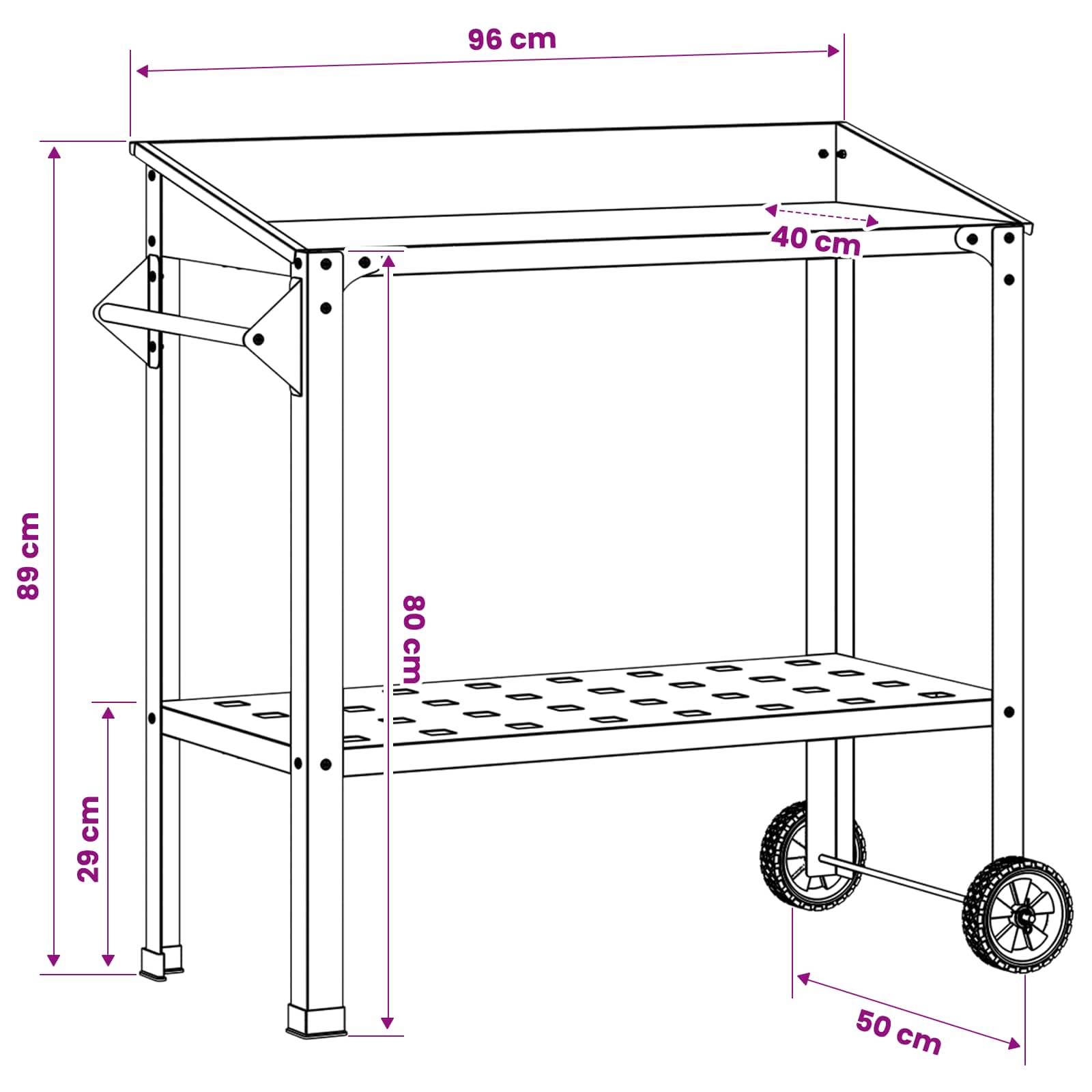 Maßstabzeichnung eines Metall-Rollwagen-Arbeitstisches, 96 cm breit, 89 cm hoch, 40 cm tief, mit unterem Regal in 29 cm Höhe und 50 cm Radstand.