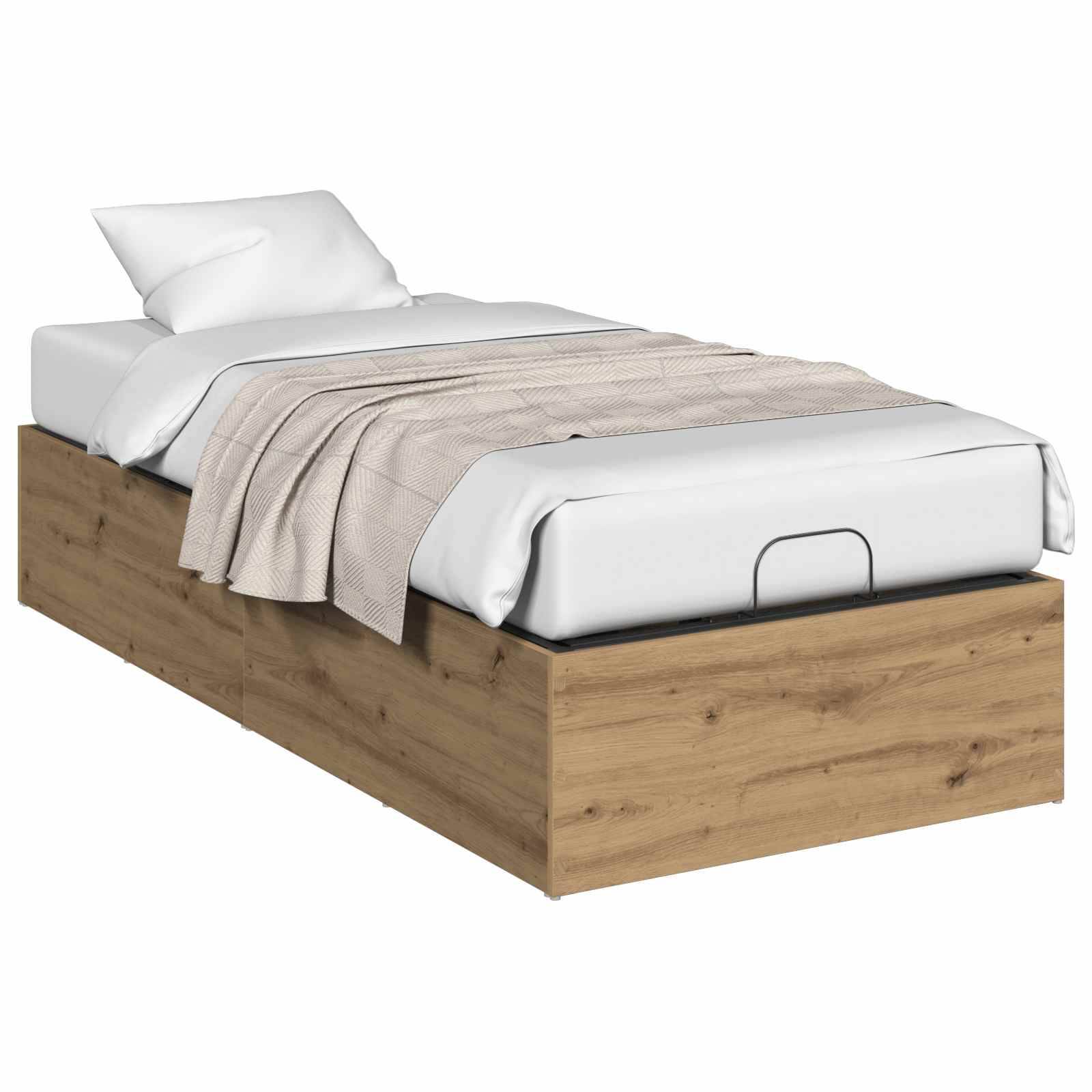 Einzelbett mit weißer Bettwäsche und Kissen auf hellem Holzpodest, vor weißem Hintergrund dargestellt.