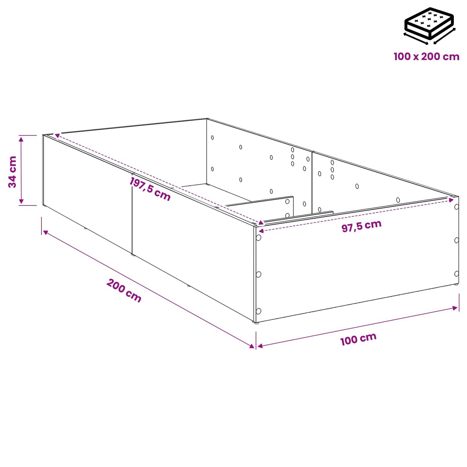 Diagramm einer offenen rechteckigen Lagerkiste mit den Abmessungen 200 x 100 x 34 cm, mit markierten Innenabmessungen von 197,5 cm und 97,5 cm.