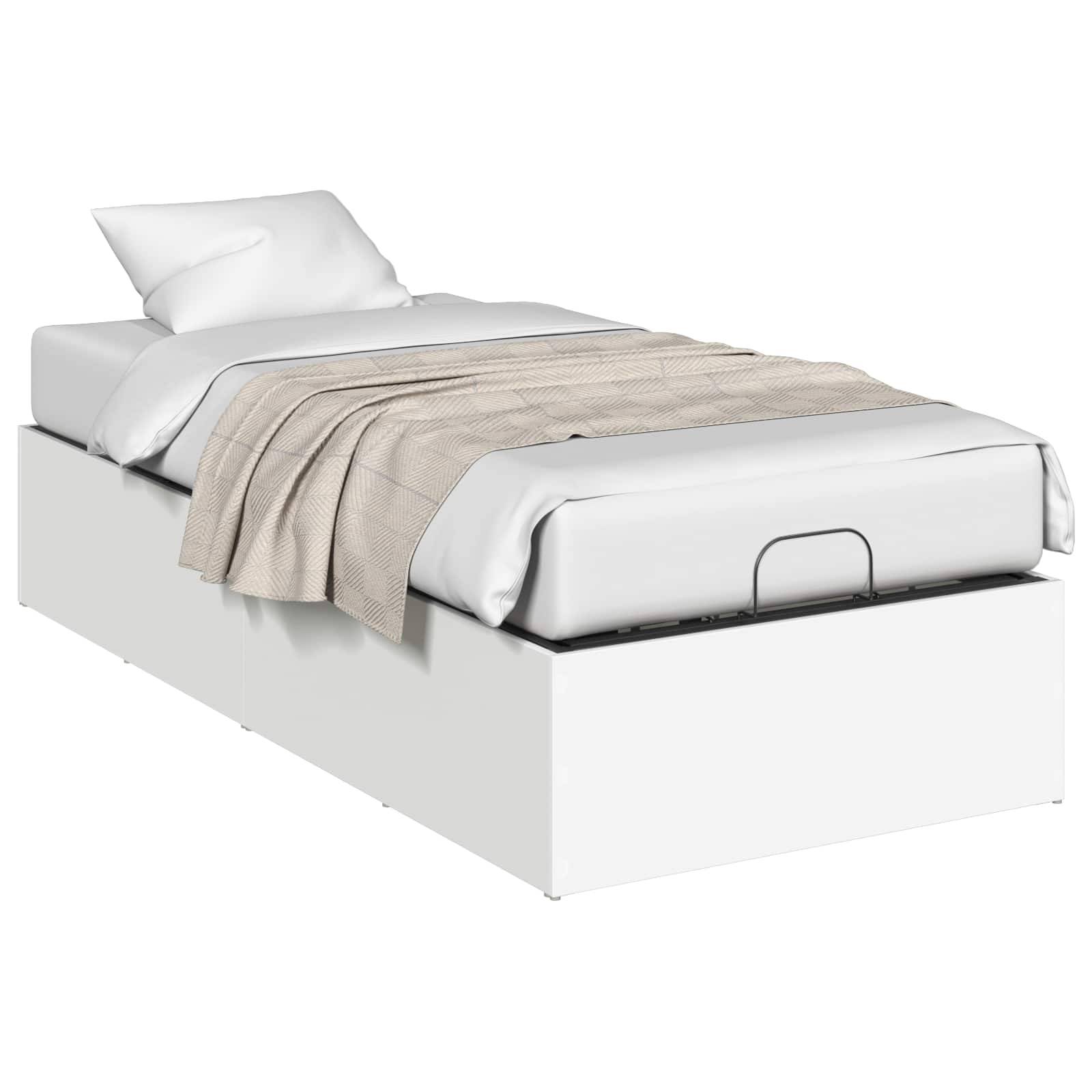 Weiß gepolstertes Einzelbett mit Kissen und gefalteter Decke auf weißem Hintergrund, dargestellt in einer einfachen Studio-Produktansicht.