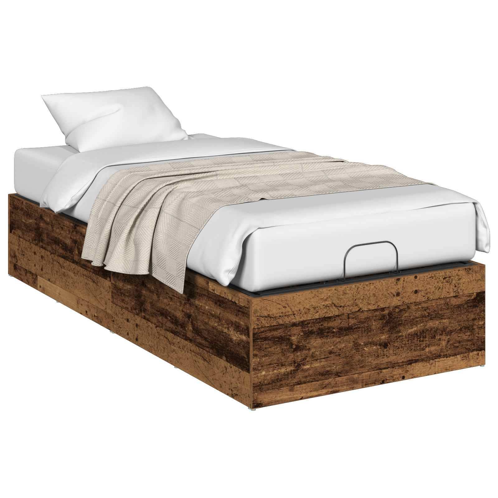 Holzbett mit Plattform, weißer Matratze, Kissen und beigefarbener Decke auf weißem Hintergrund.