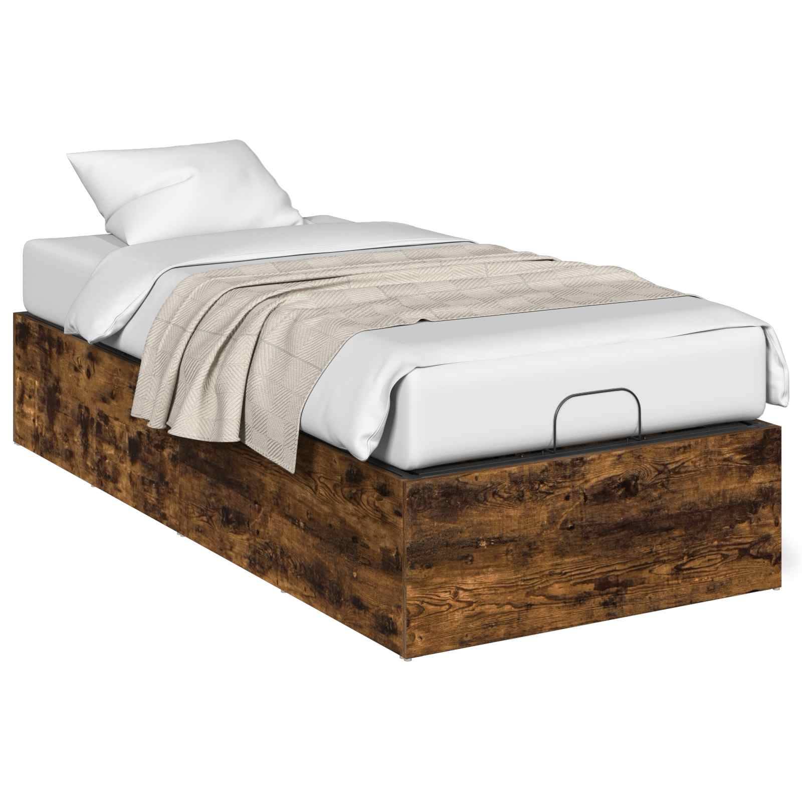 Bett mit weißer Bettwäsche auf einer rustikalen Holzplattformbasis, dargestellt in einer Dreiviertelansicht auf weißem Hintergrund.