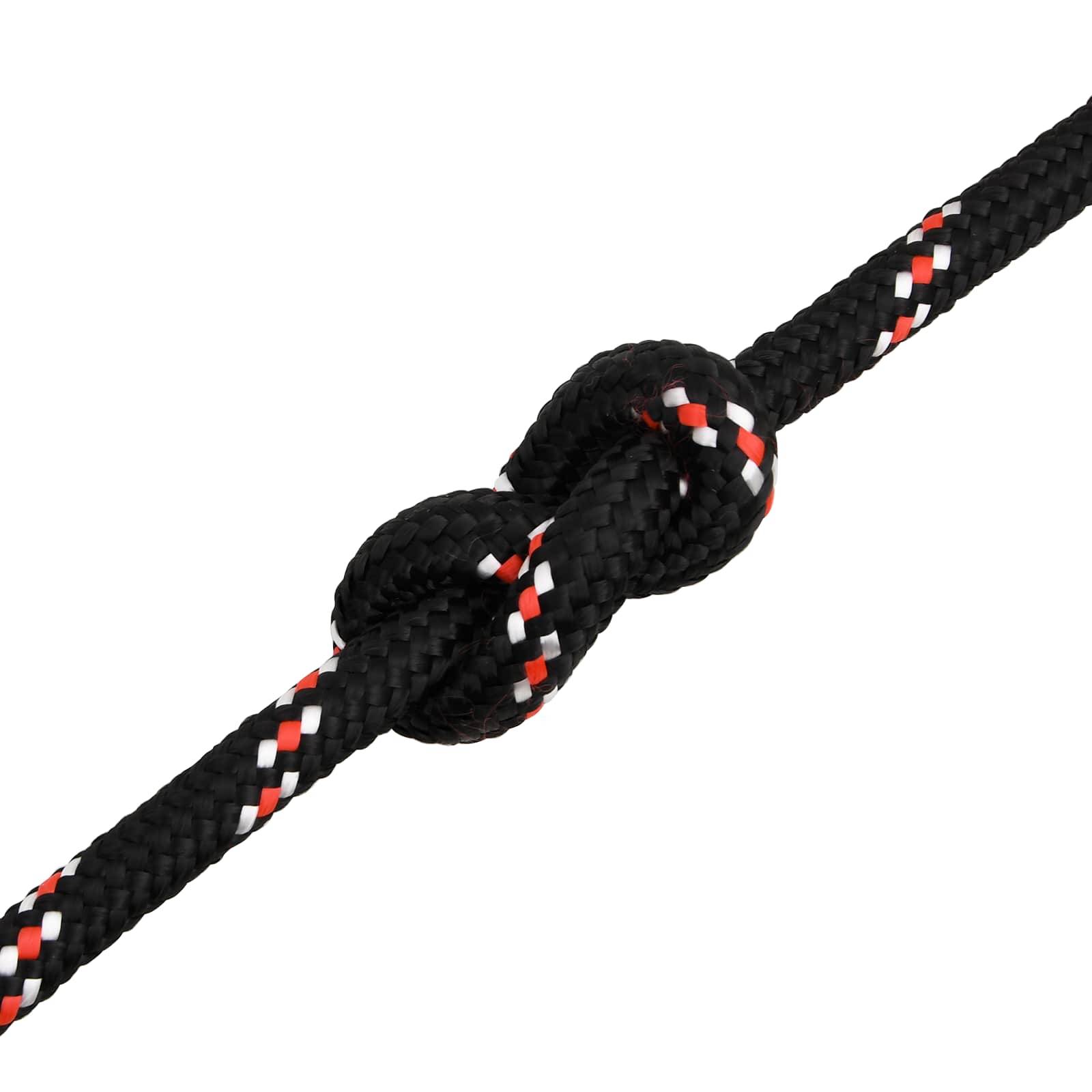 Nahaufnahme eines schwarz geflochtenen Seils, das zu einem Knoten gebunden ist, mit roten, weißen und schwarzen Leuchtspuren auf schlicht weißem Hintergrund.