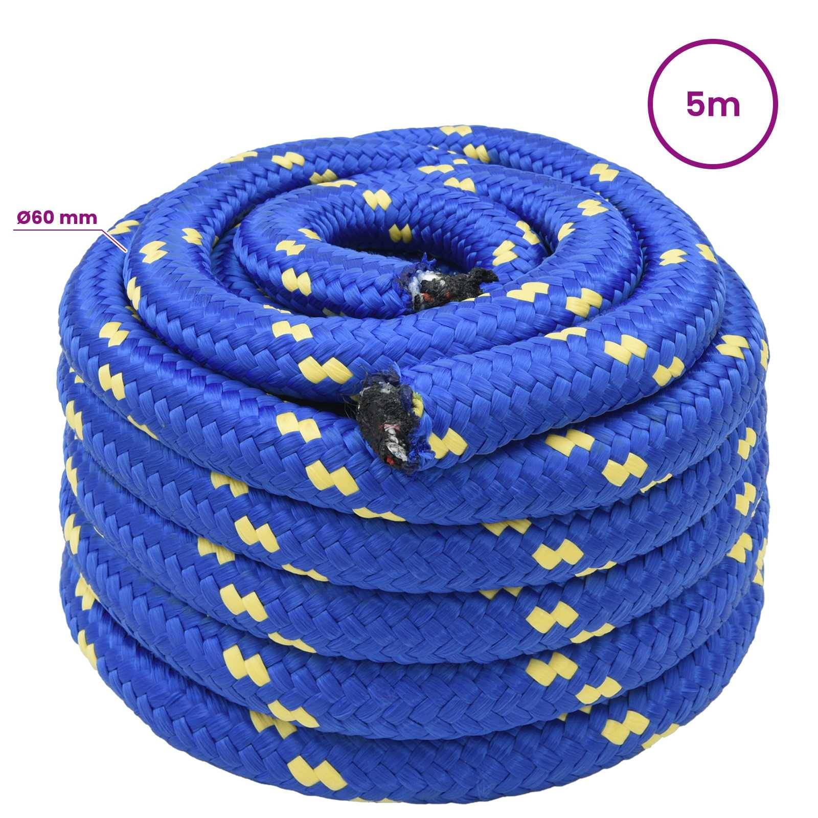 Aufgerolltes blaues Seil mit gelben Akzenten, gekennzeichnet mit 5 m Länge und 60 mm Durchmesser.
