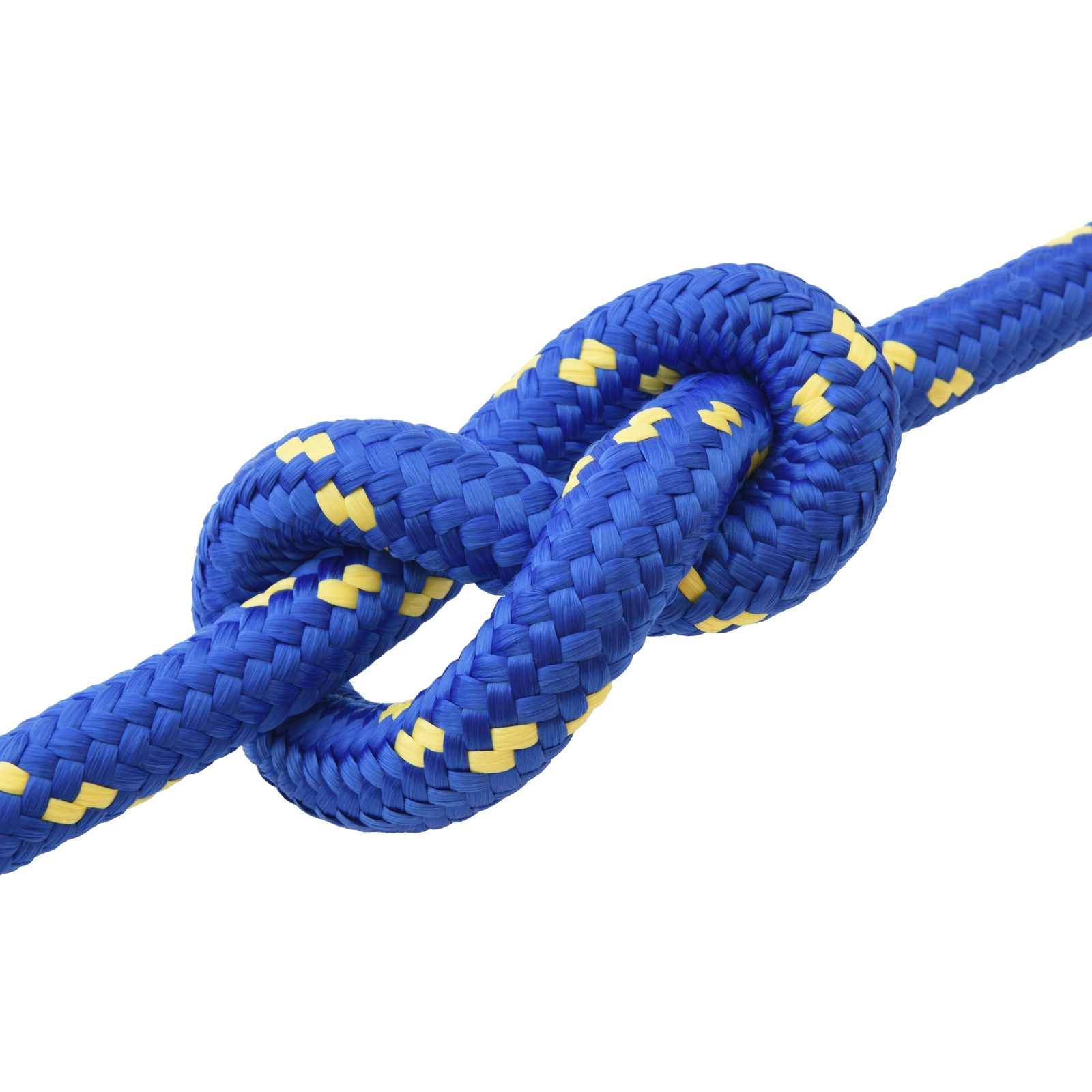 Blaues Kletterseil mit gelben Flöckchen, das in einem Knoten auf weißem Hintergrund gebunden ist.