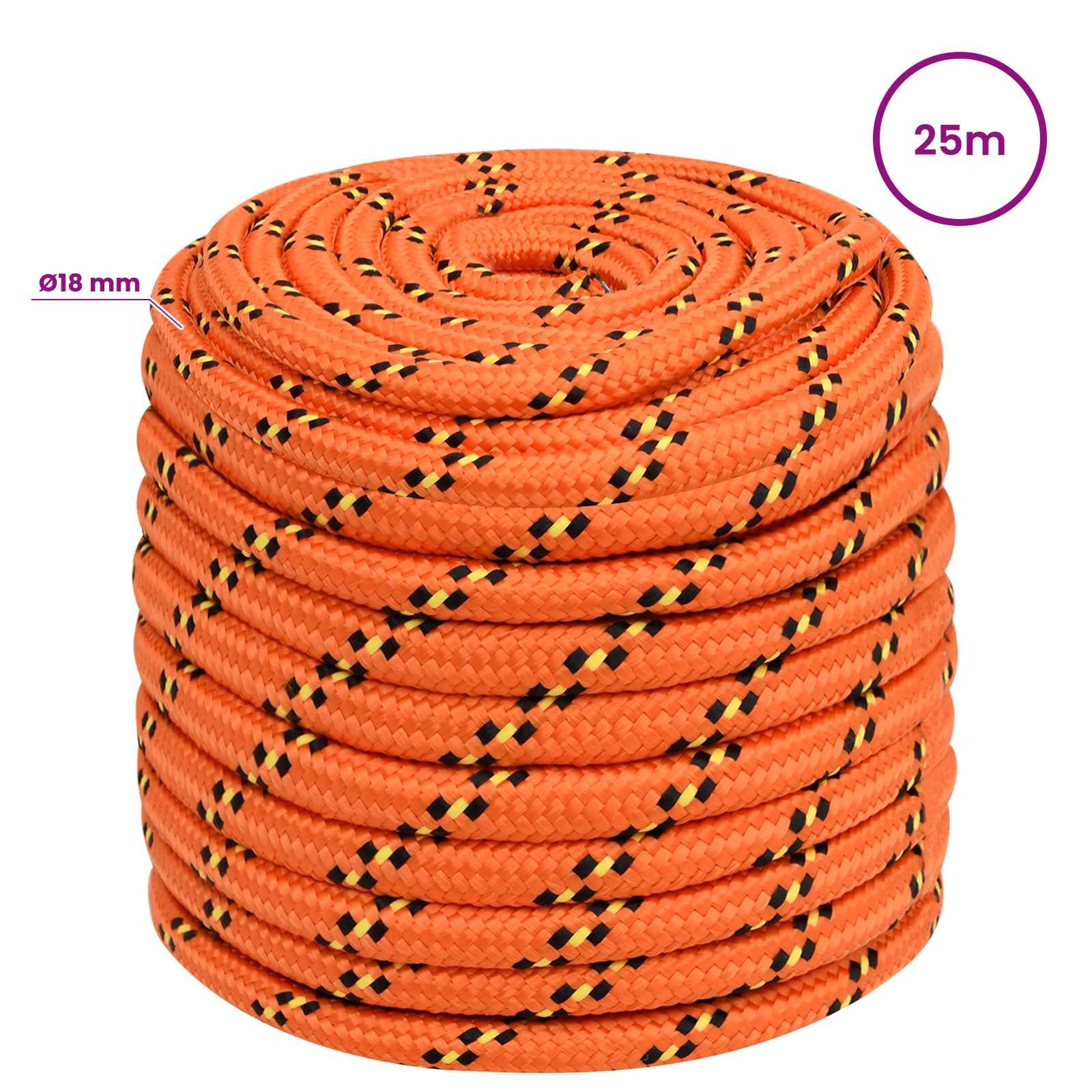 Aufgerolltes orangefarbenes Seil mit der Beschriftung Ø18 mm und 25 m auf weißem Hintergrund.