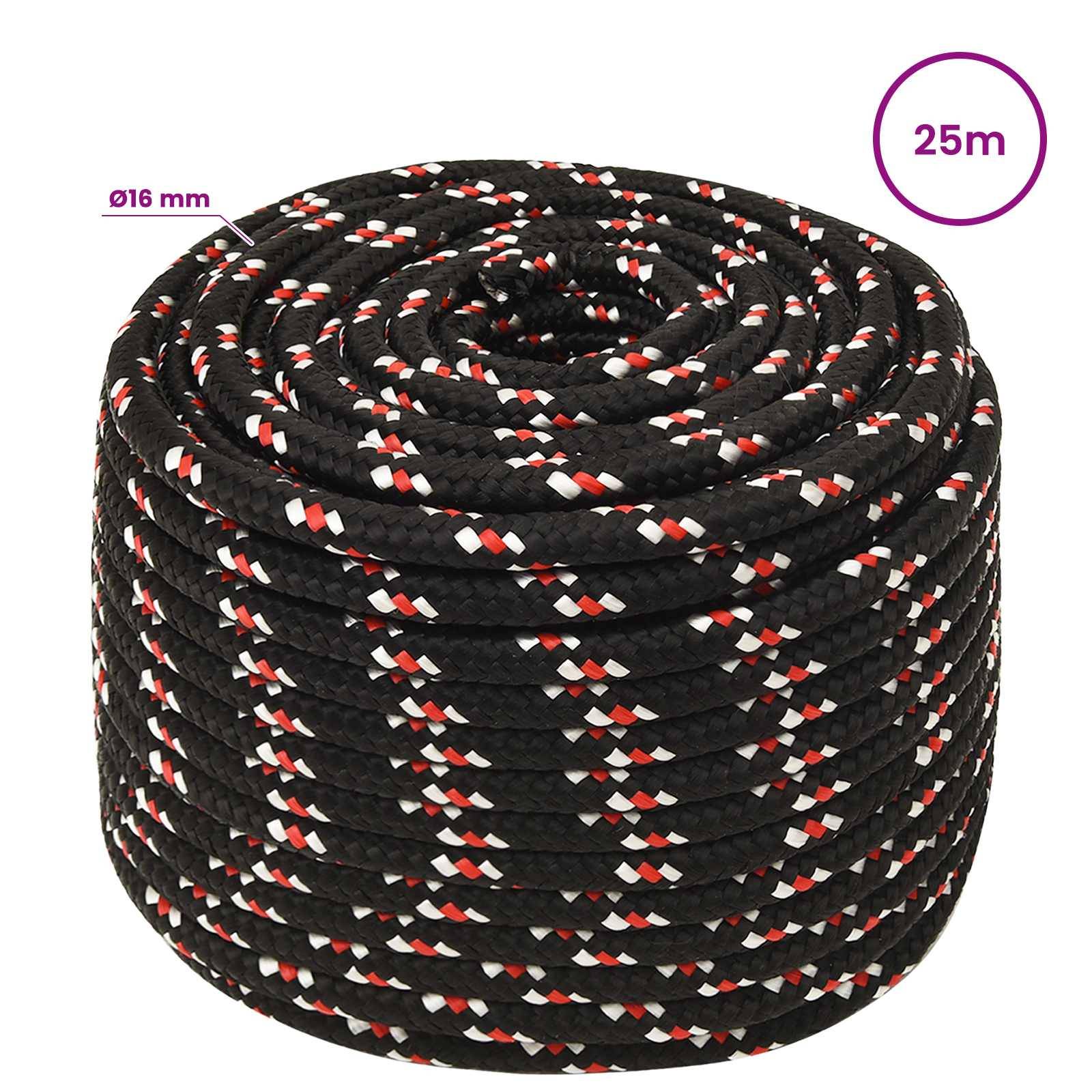 Aufgerolltes schwarzes Seil mit roten und weißen Flöckchen, gekennzeichnet mit 16 mm Durchmesser und 25 m Länge.