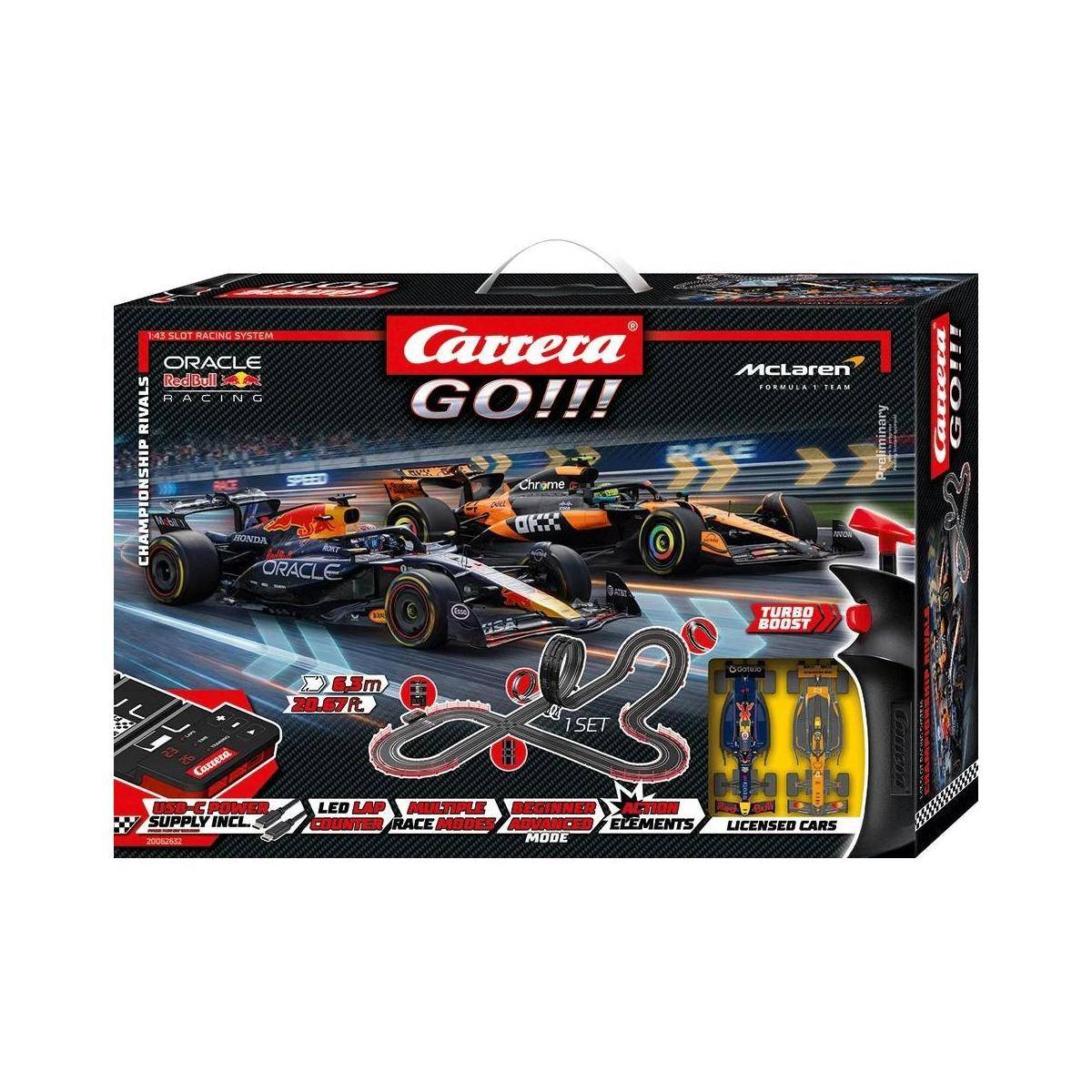 Carrera GO!!! Slot-Car-Rennset-Box mit Oracle Red Bull und McLaren Formel-1-Autos, Streckenteilen, Turbo-Boost und LED-Display.