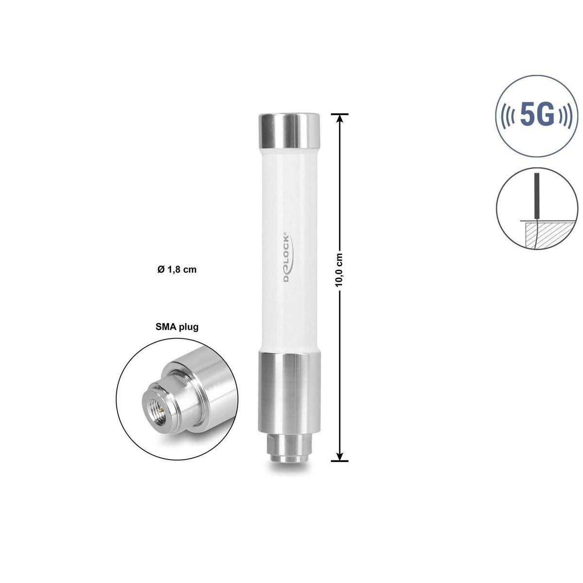 Weiße zylindrische 5G-Antenne mit SMA-Stecker, gezeigt mit Abmessungen von 10,0 cm Länge und 1,8 cm Durchmesser.