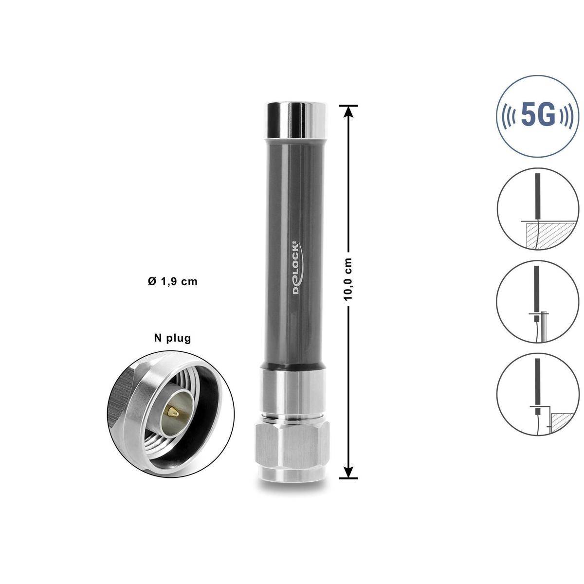 Produktbild einer 5G-Antenne: schwarzer zylindrischer Mast mit silberner Basis, beschriftet 10,0 cm Höhe und 1,9 cm Durchmesser, mit eingesetztem N-Steckerverbinder.