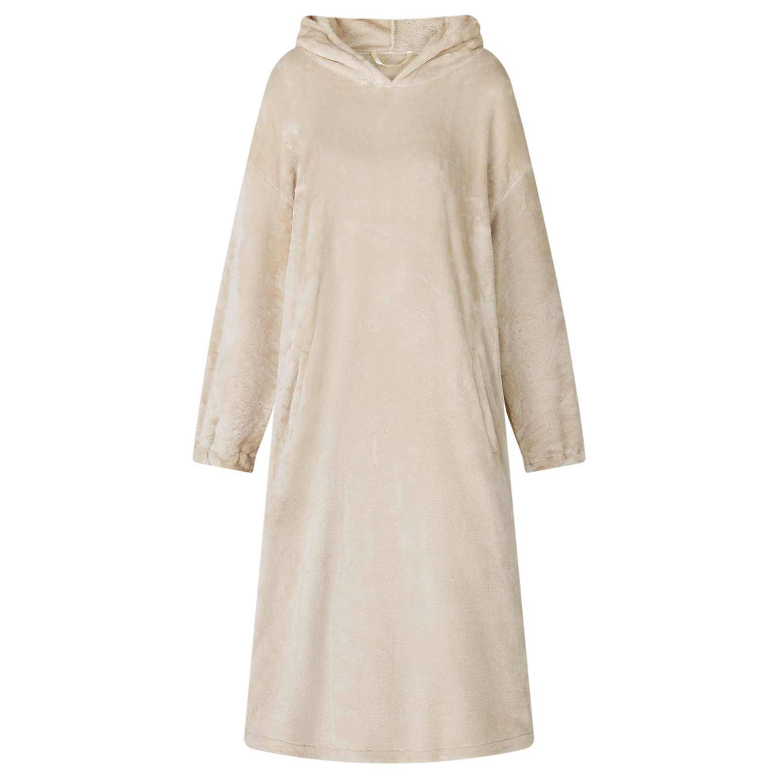 Beige Kapuzenkleid oder Tunika mit langen Ärmeln in Knielänge auf weißem Hintergrund.