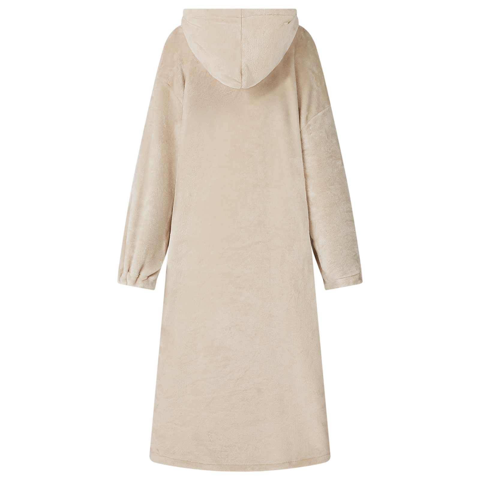 Beige Kapuzen-Langarm-Tunika-Kleid von hinten auf weißem Hintergrund gezeigt.
