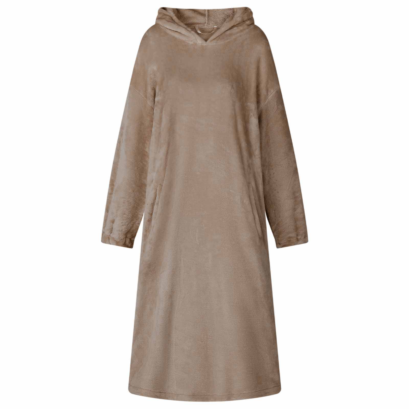 Beige Kapuzen-Tunika oder Kleid mit langen Ärmeln, locker geschnitten mit gerader Silhouette, auf weißem Hintergrund präsentiert.