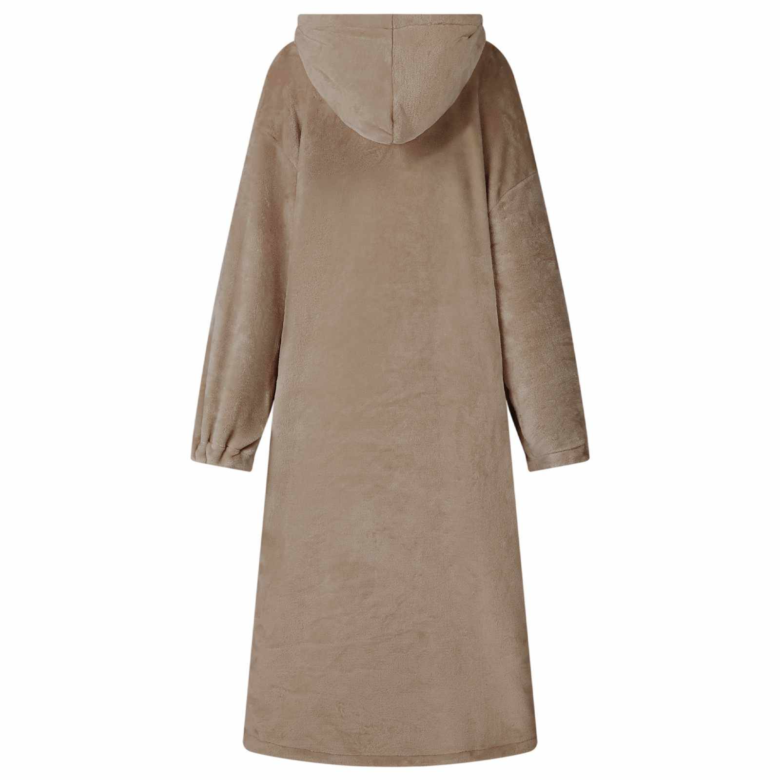 Beige Langarm-Kapuzenmantel oder Kleid, Vorderansicht auf einfachem weißem Hintergrund.