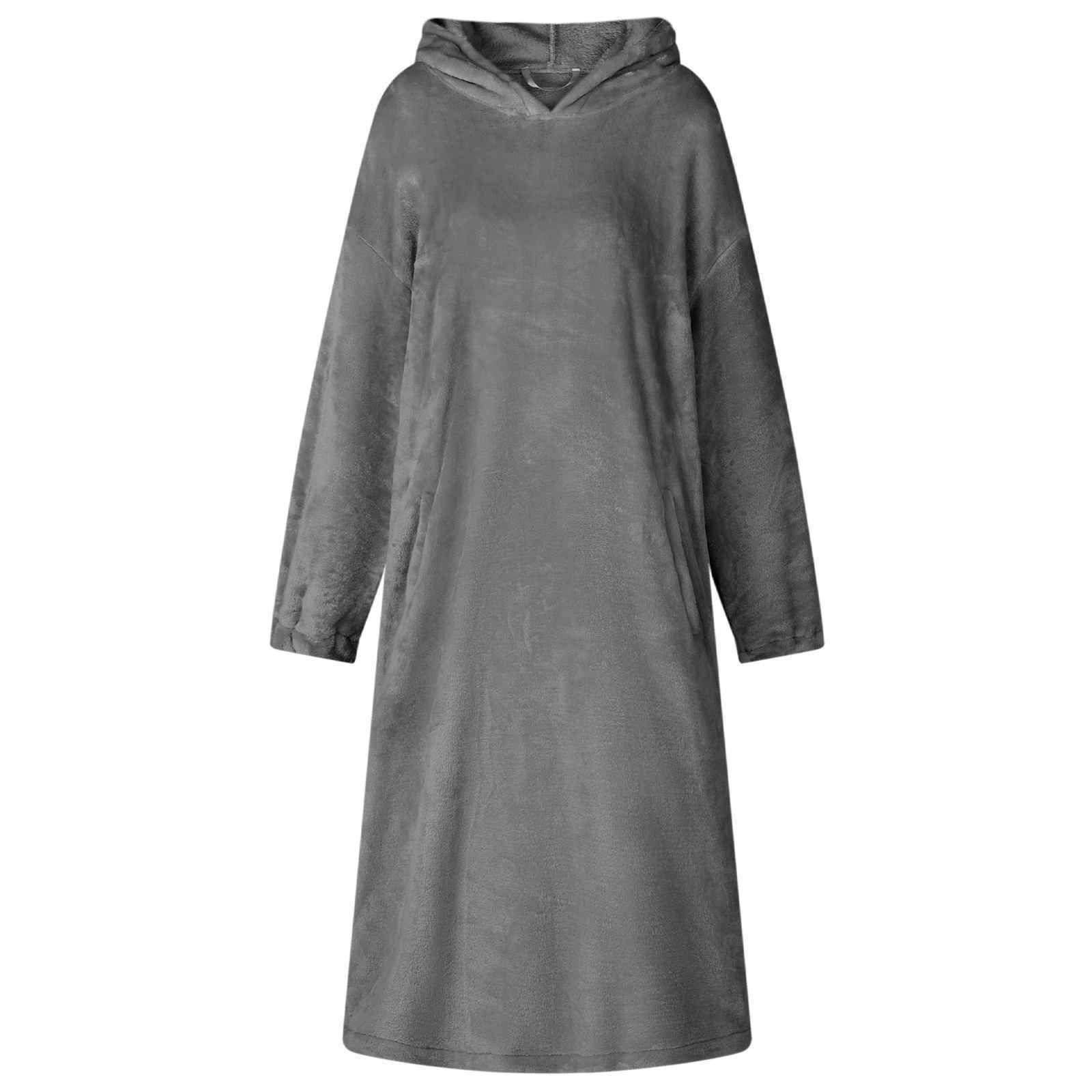 Graues Kleid mit langen Ärmeln, Kapuze und Knielänge, Vorderansicht auf weißem Hintergrund.