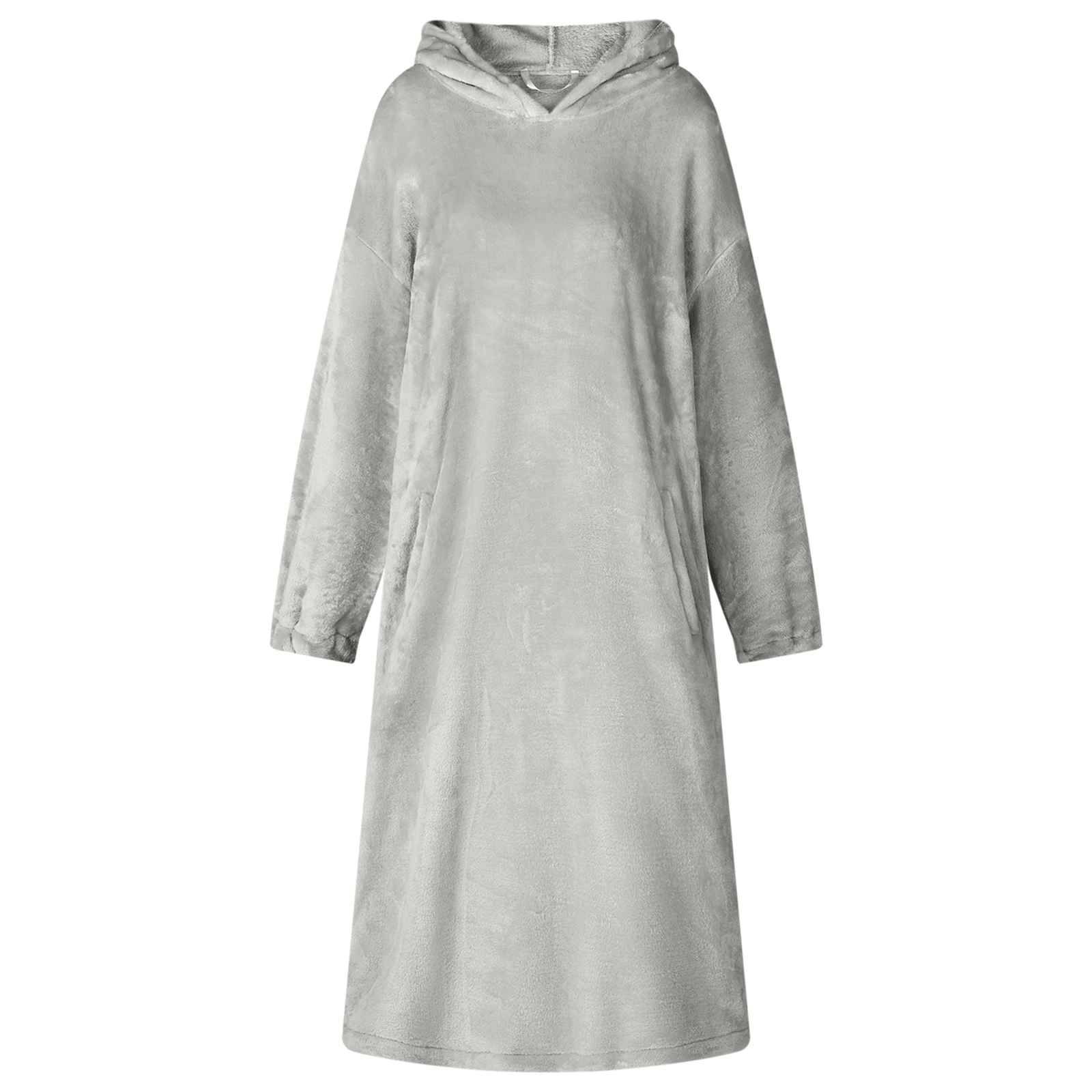 Hellgraues Kapuzen-Longsleevetuniken-Kleid mit entspannter, knielanger Silhouette auf weißem Hintergrund.