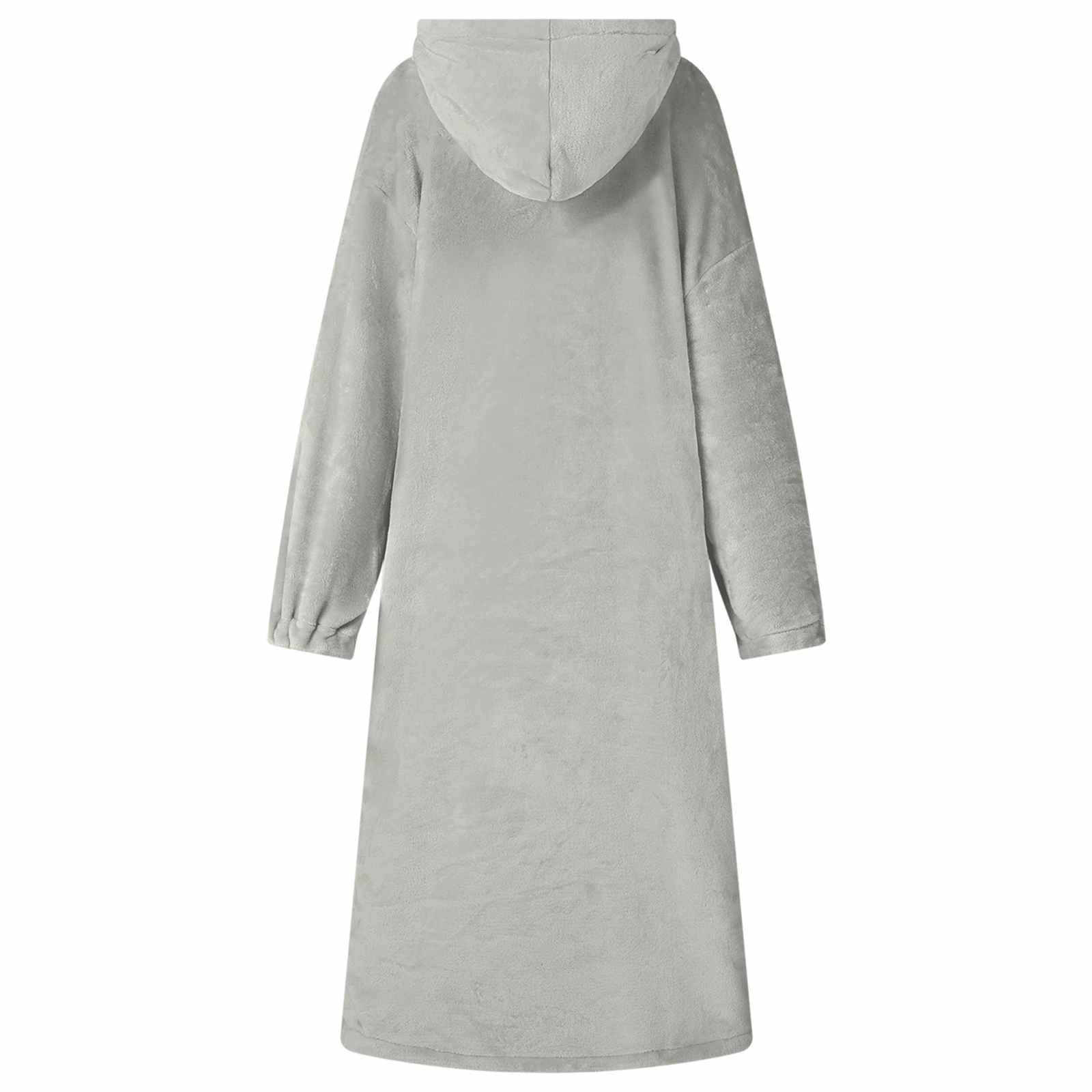Hellgraues Kapuzen-Langarmshirt-Kleid oder Tunika in Vorderansicht auf weißem Hintergrund.