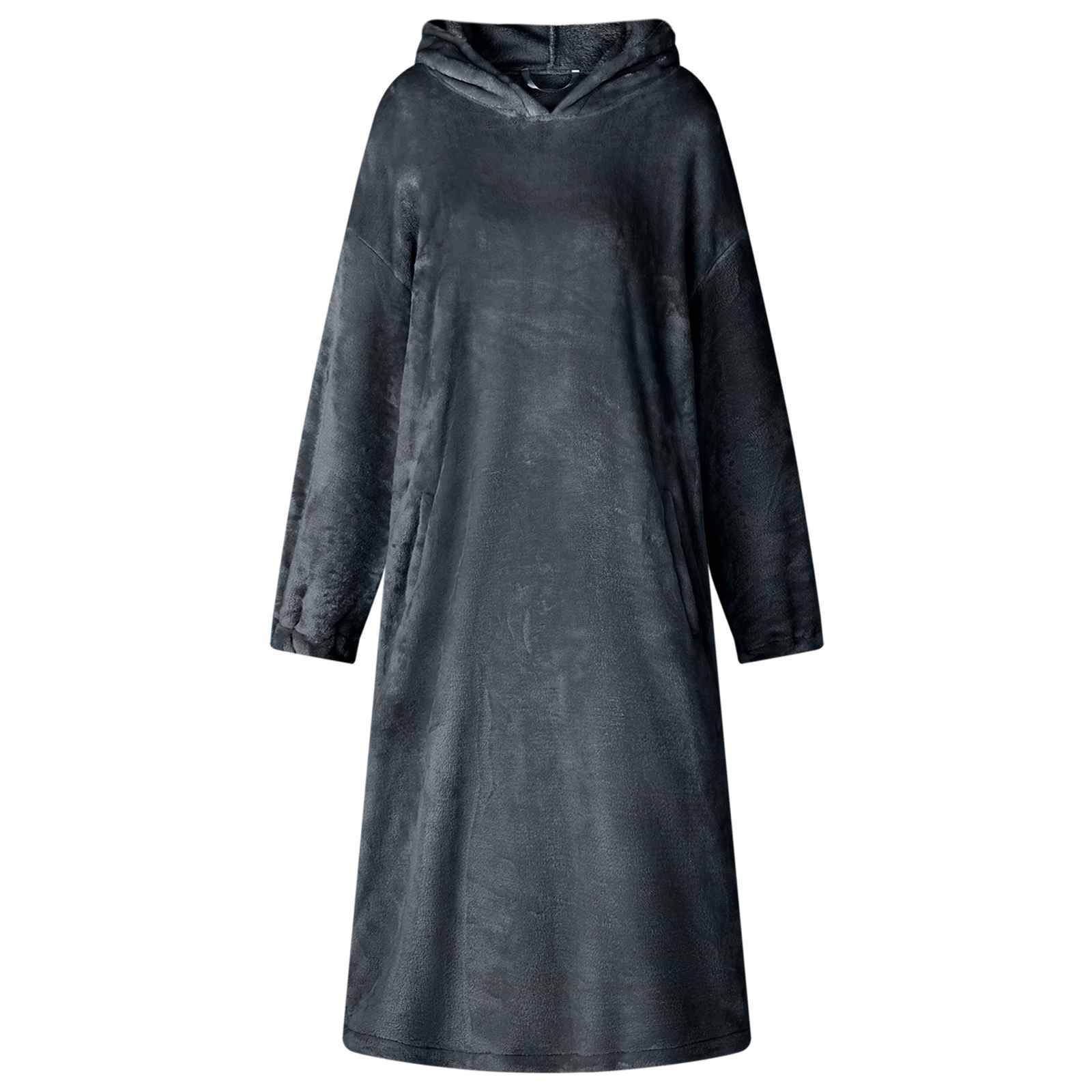 Schwarzes, langärmeliges Kapuzenkleid mit lockerer Passform und knielangem Saum, Vorderansicht auf einfachem weißem Hintergrund.