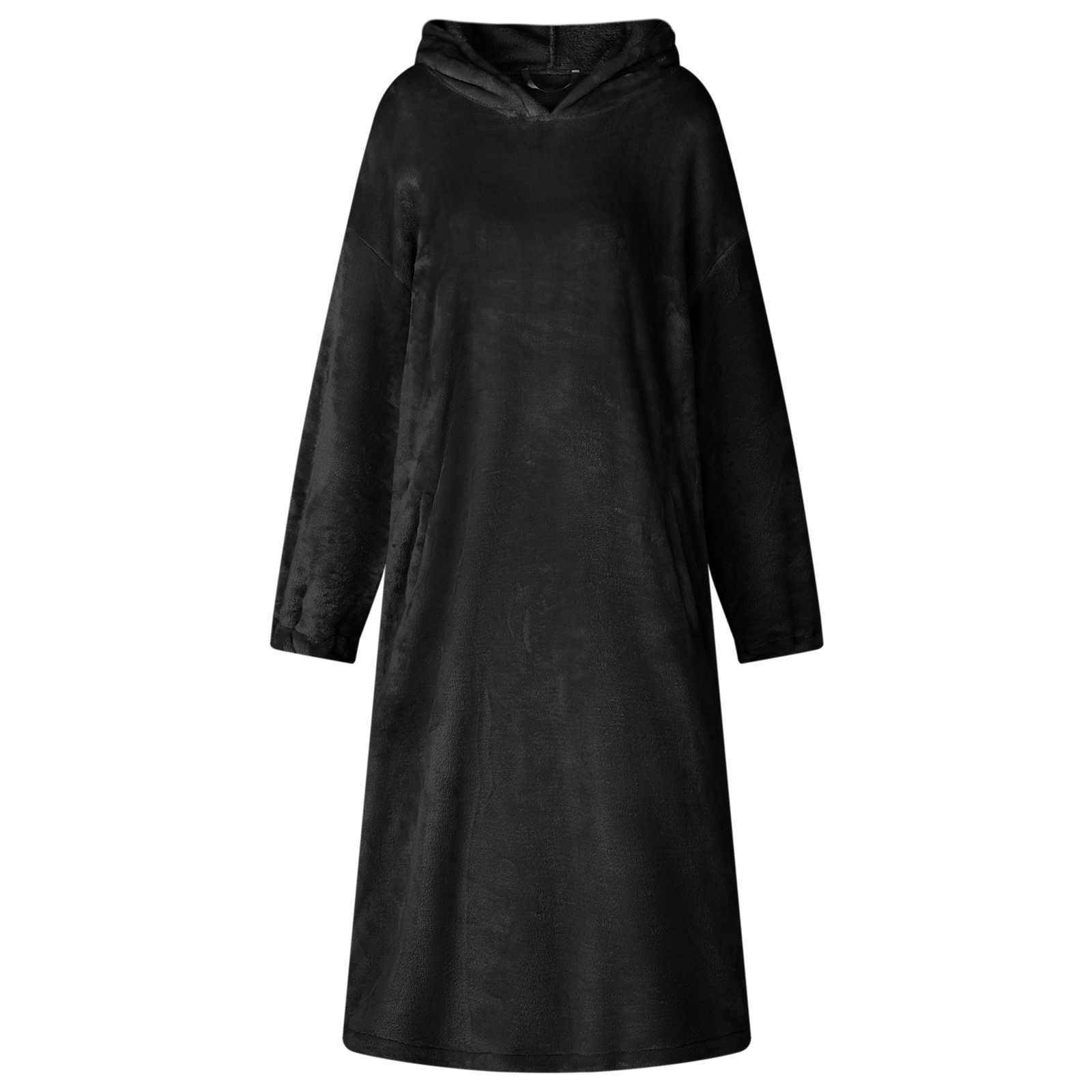 Schwarzes Langarm-Kapuzenkleid oder -Tunika mit lockerer, gerader Passform auf einfachem weißem Hintergrund.
