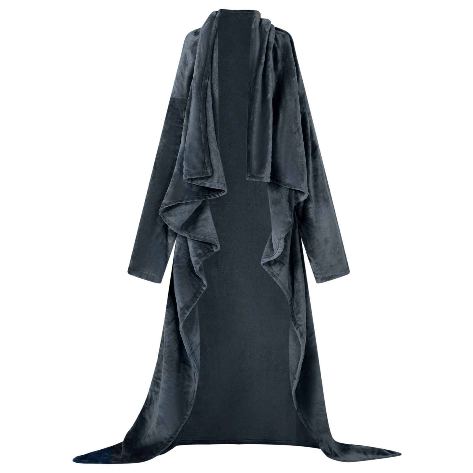 Lange dunkelgraue Kapuzenjacke oder Mantel mit Umhangschnitt, offener Vorderseite und fließendem asymmetrischem Saum auf weißem Hintergrund.