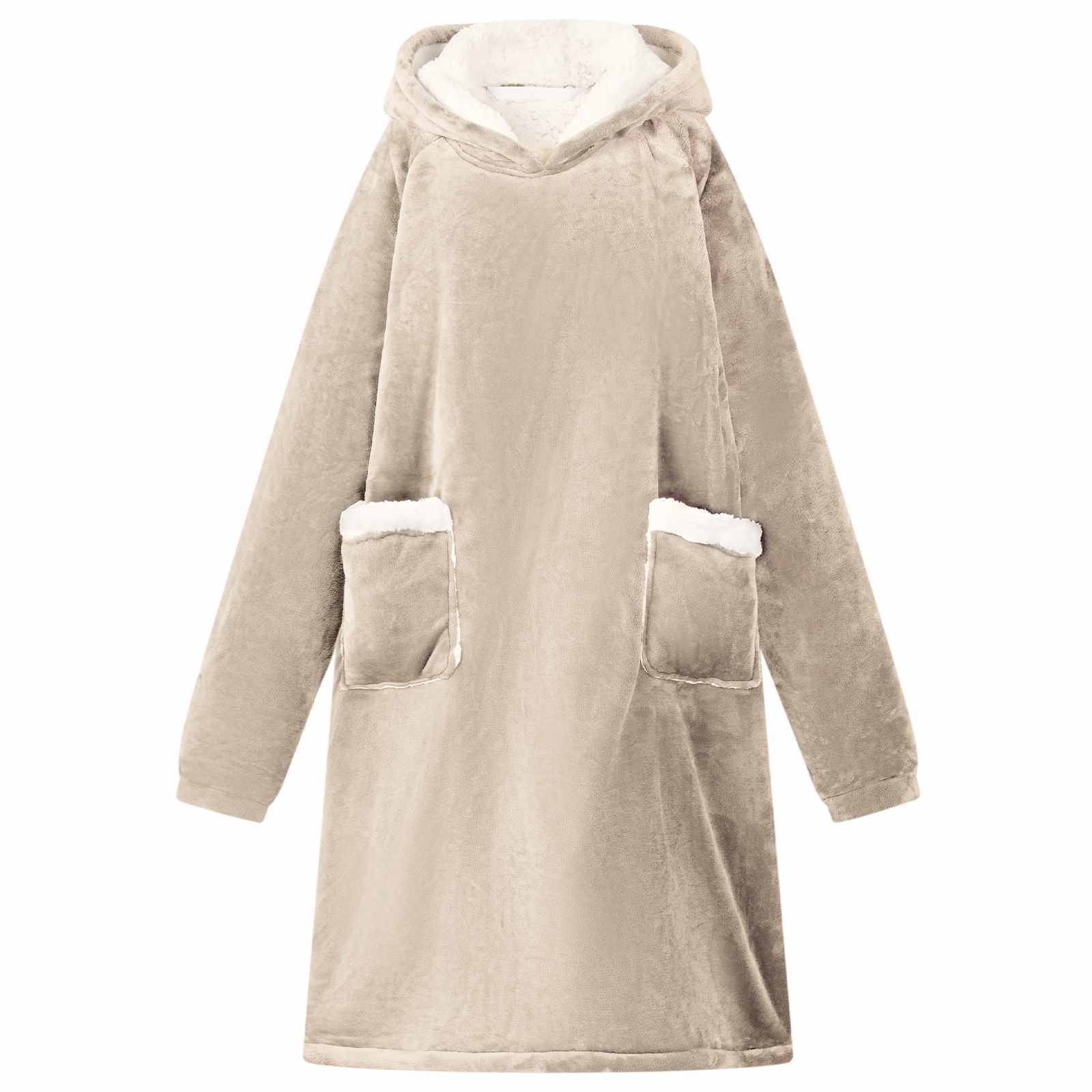 Beigefarbenes Kapuzen-Fleece-Pullover mit langen Ärmeln und zwei vorderen Patchpausen mit weißer Einfassung.