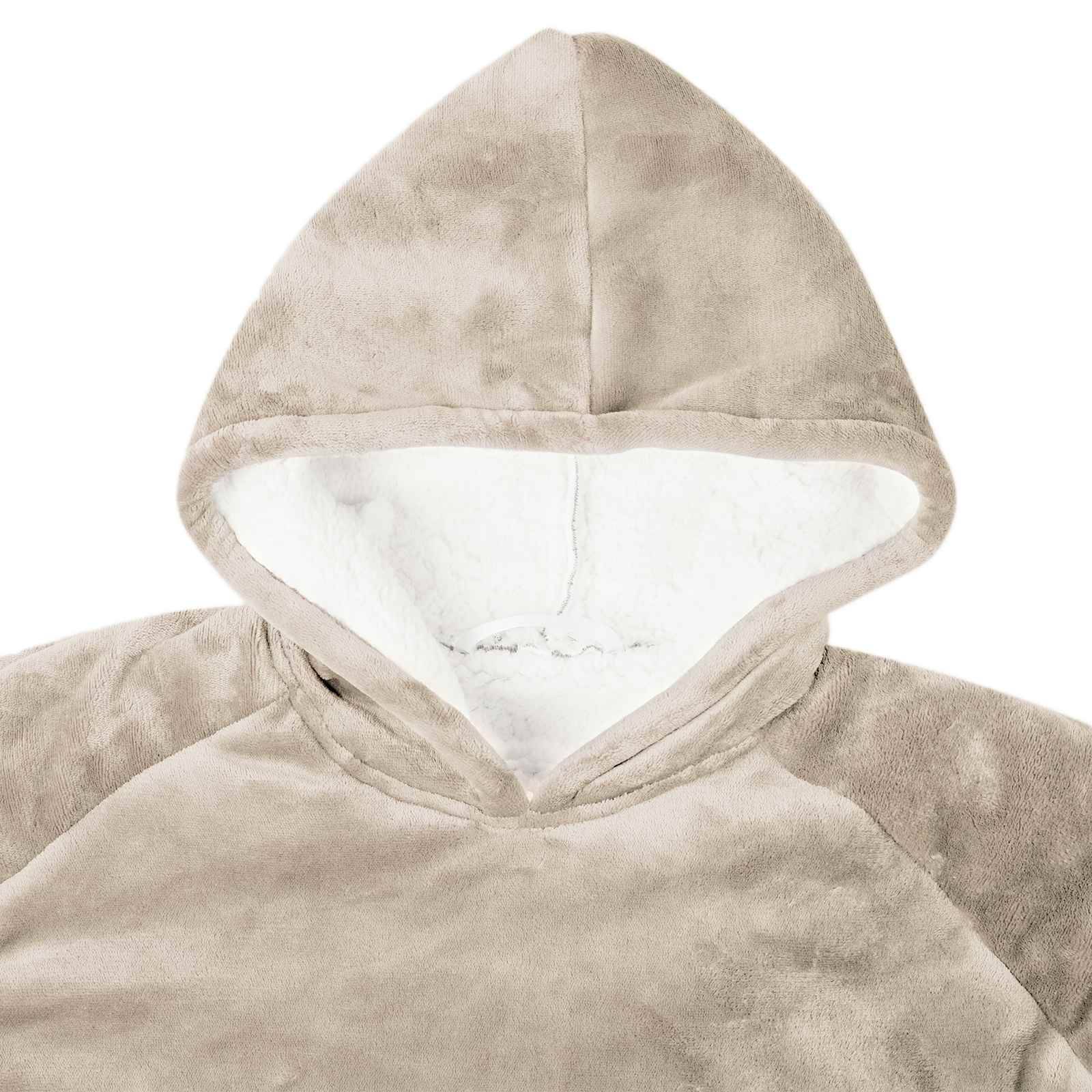 Beiges Kapuzensweatshirt mit weicher, flauschiger Textur, frontal auf weißem Hintergrund gezeigt.
