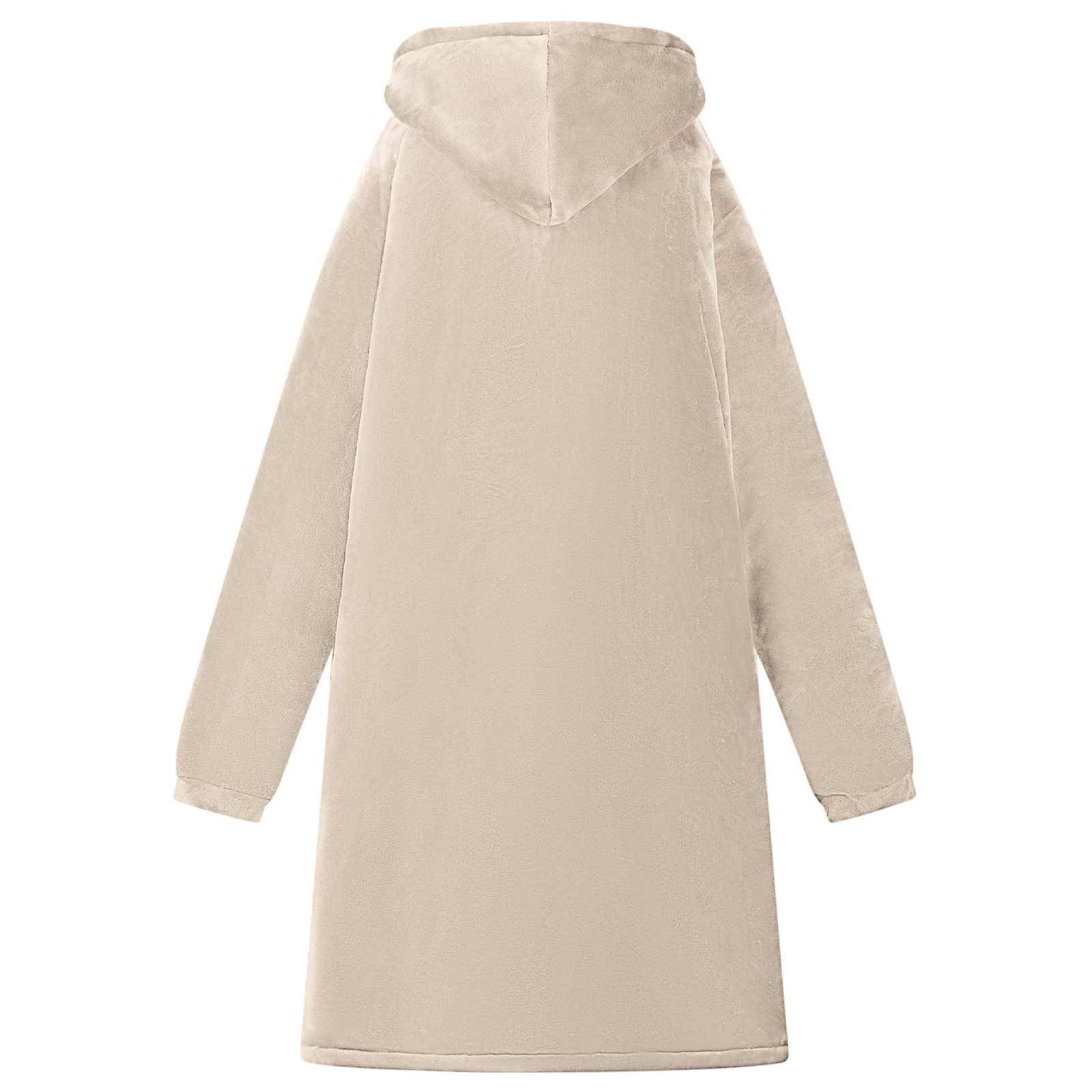 Beige Langarm-Hoodie-Tunika-Kleid oder Sweatshirt, Vorderansicht auf weißem Hintergrund dargestellt.