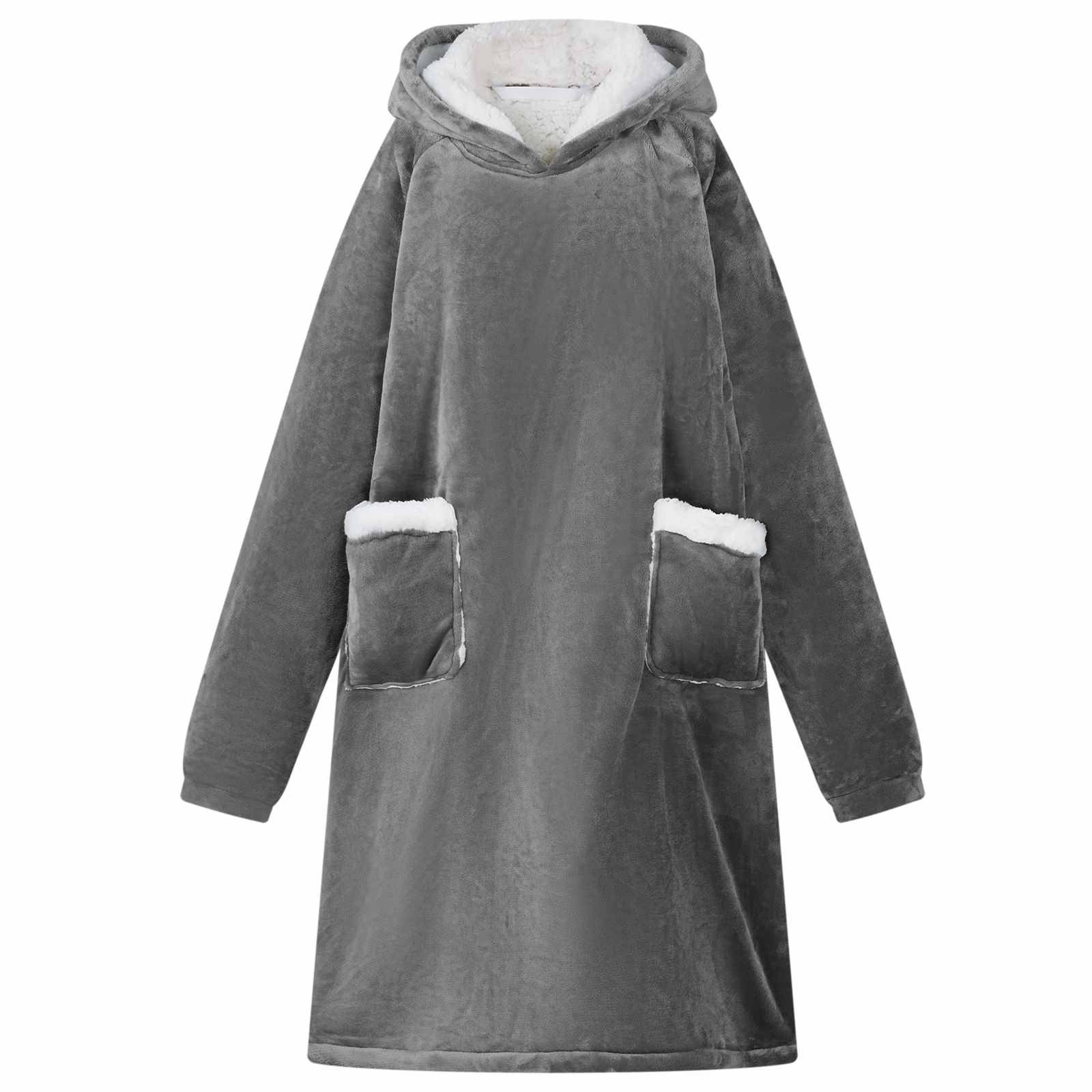 Grauer Kapuzen-Sweatshirt-Bademantel mit langen Ärmeln, vordere Pattentaschen mit weißem Kunstpelz-Besatz, auf einfachem weißem Hintergrund gezeigt.