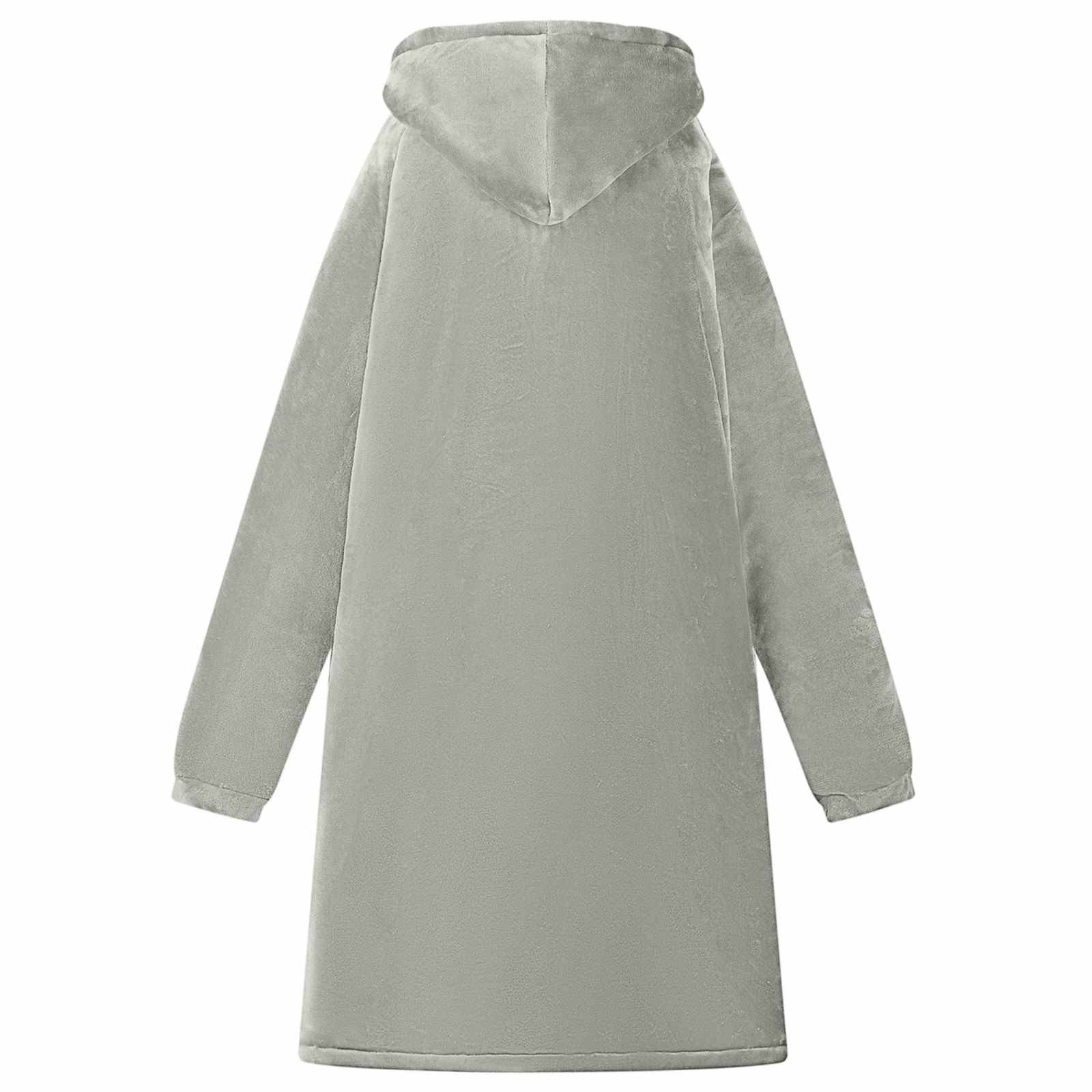 Hellgraues Kapuzenpullover-Jacket oder langes Sweatshirt, Vorderansicht, mit langen Ärmeln und lockerer Passform.