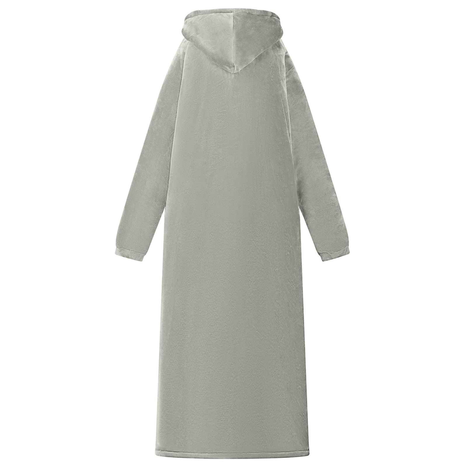 Hellgrau meliertes ärmelloses Maxi-Kleid oder Robe mit Kapuze, Vorderansicht auf weißem Hintergrund.