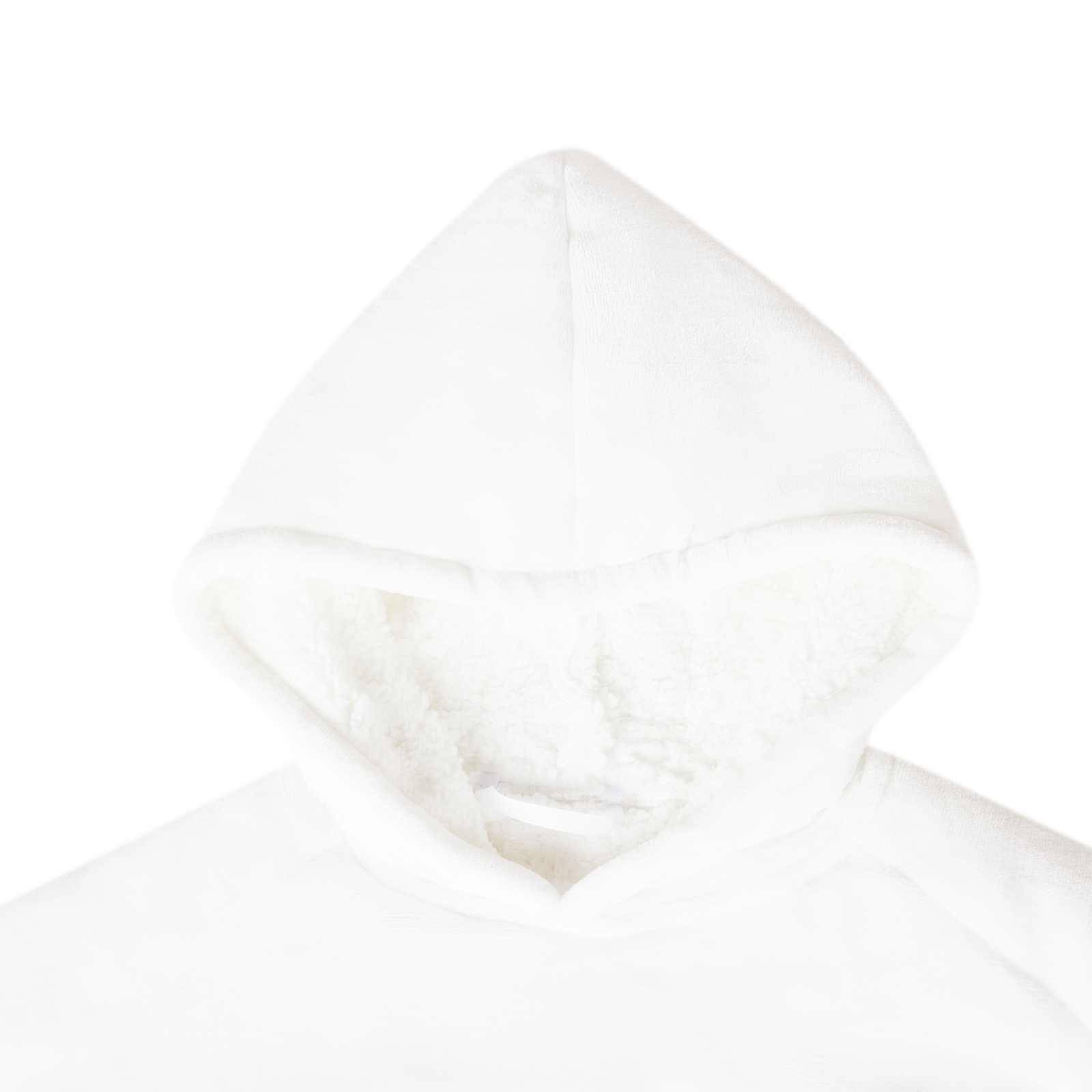 Person in einem weißen Kapuzenpullover, Gesicht größtenteils durch die Kapuze und helle Beleuchtung verborgen.