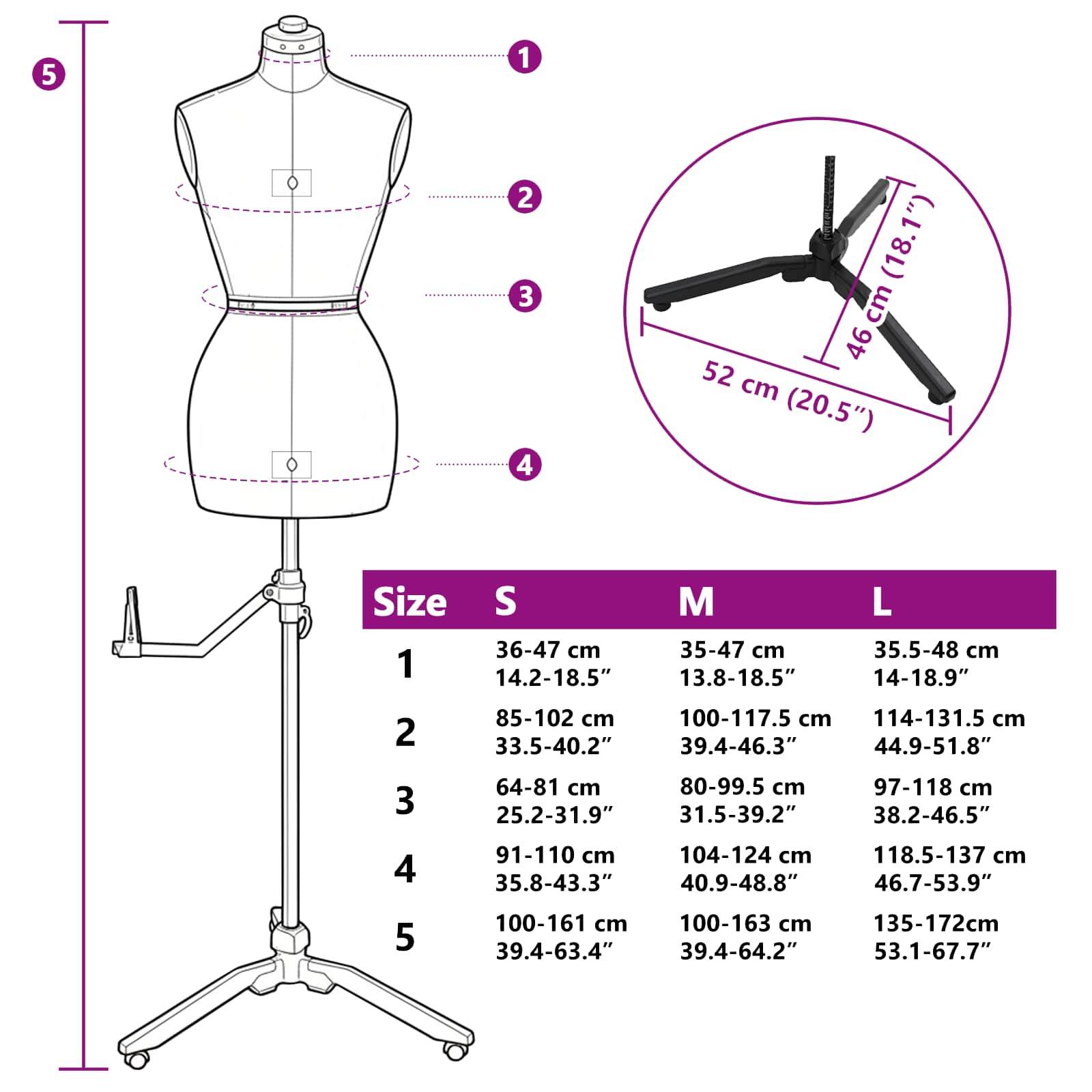 Größentabelle für Schneiderpuppen mit verstellbaren Mannequin-Maßen für die Größen S, M und L sowie einem Stativfuß mit 52 cm Breite und 46 cm Höhe.