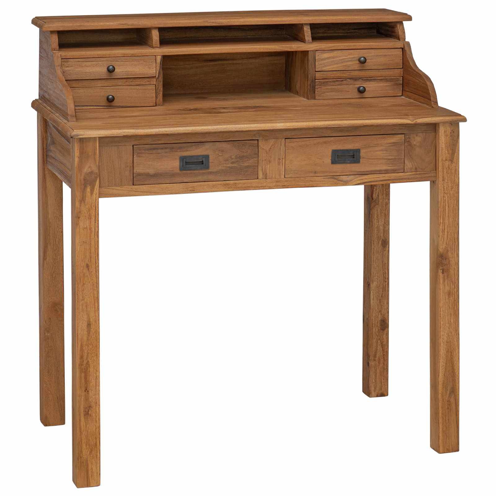 Holzschreibtisch mit Hutch-Regal, zwei kleine obere Schubladen und zwei größere vordere Schubladen auf weißem Hintergrund.
