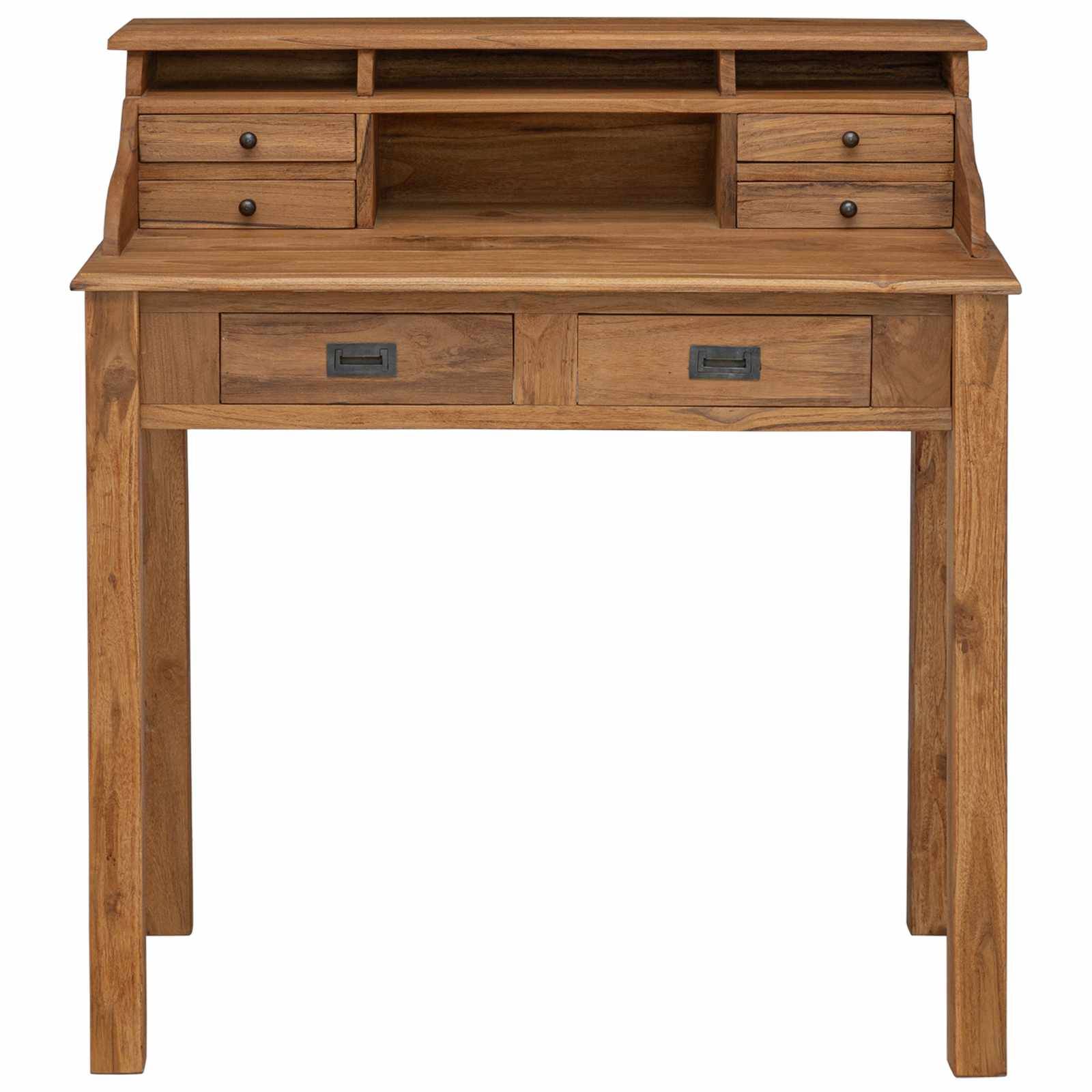 Schreibtisch aus Holz mit Aufsatzschrank, zwei kleine Schubladen auf jeder Seite, zwei größere Schubladen vorne und offenes Mittelfach.