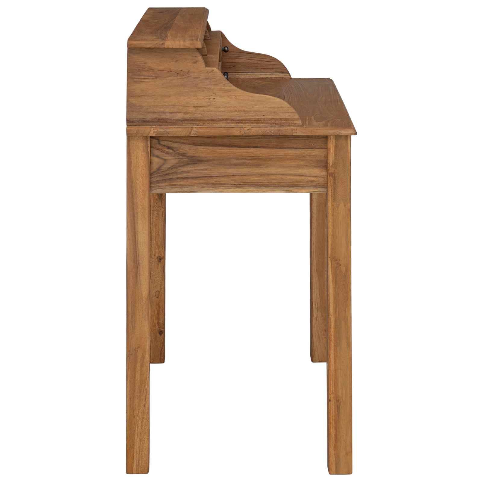Holzschreibtisch mit schräg angehobenem Rücken und schlanken Beinen, in Seitenansicht auf weißem Hintergrund dargestellt.