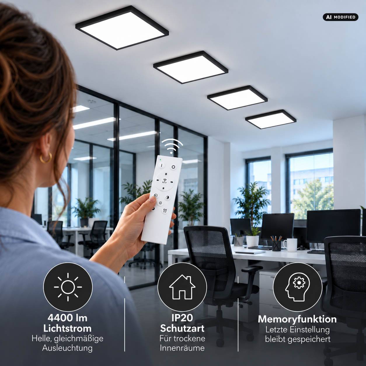 LED Universum LED Panel Deckenleuchte quadratisch schwarz 50x50cm 40W CCT 3000-6000K 4400lm dimmbar UGR≤22 CRI>93 IP20 mit Fernbedienung