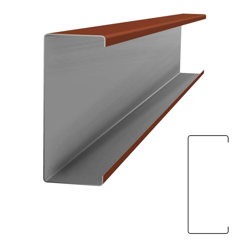 3D-Illustration eines stählernen C-Profil-Trägers mit braunen oberen und unteren Flanschen, in Seitenansicht dargestellt mit einer C-förmigen Querschnittseinzeichnung.