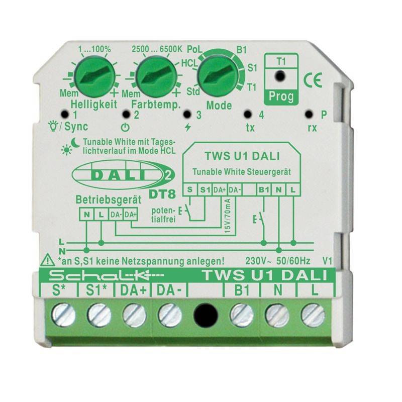 Ein grünes DALI/Tunable White Beleuchtungssteuerungsmodul mit drei Einstellreglern, Status-LEDs, Anschlussbezeichnungen und gedrucktem Schaltplan.