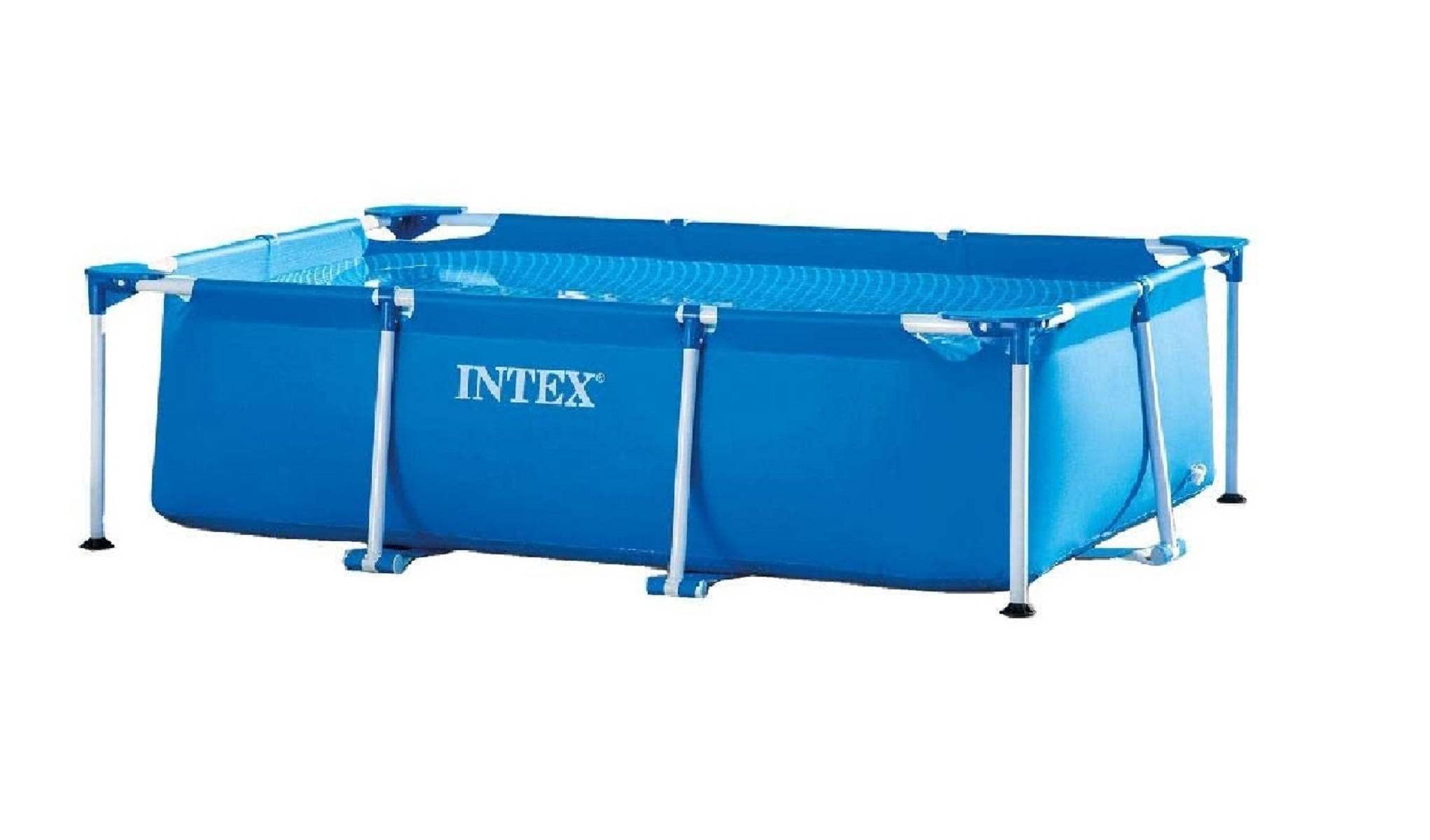 Blauer Intex oberirdischer rechteckiger Pool mit Metallrahmen und Stützbeinen auf weißem Hintergrund.