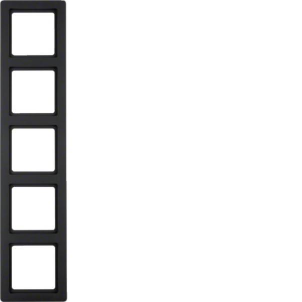 Ein vertikaler schwarzer Filmstreifen mit fünf leeren rechteckigen Rahmen auf weißem Hintergrund.