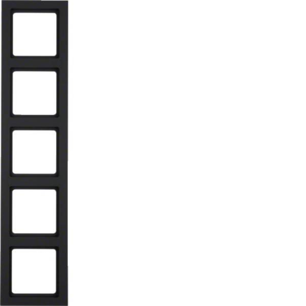 Vertikaler schwarzer Filmstreifen mit fünf leeren rechteckigen Rahmen auf weißem Hintergrund.