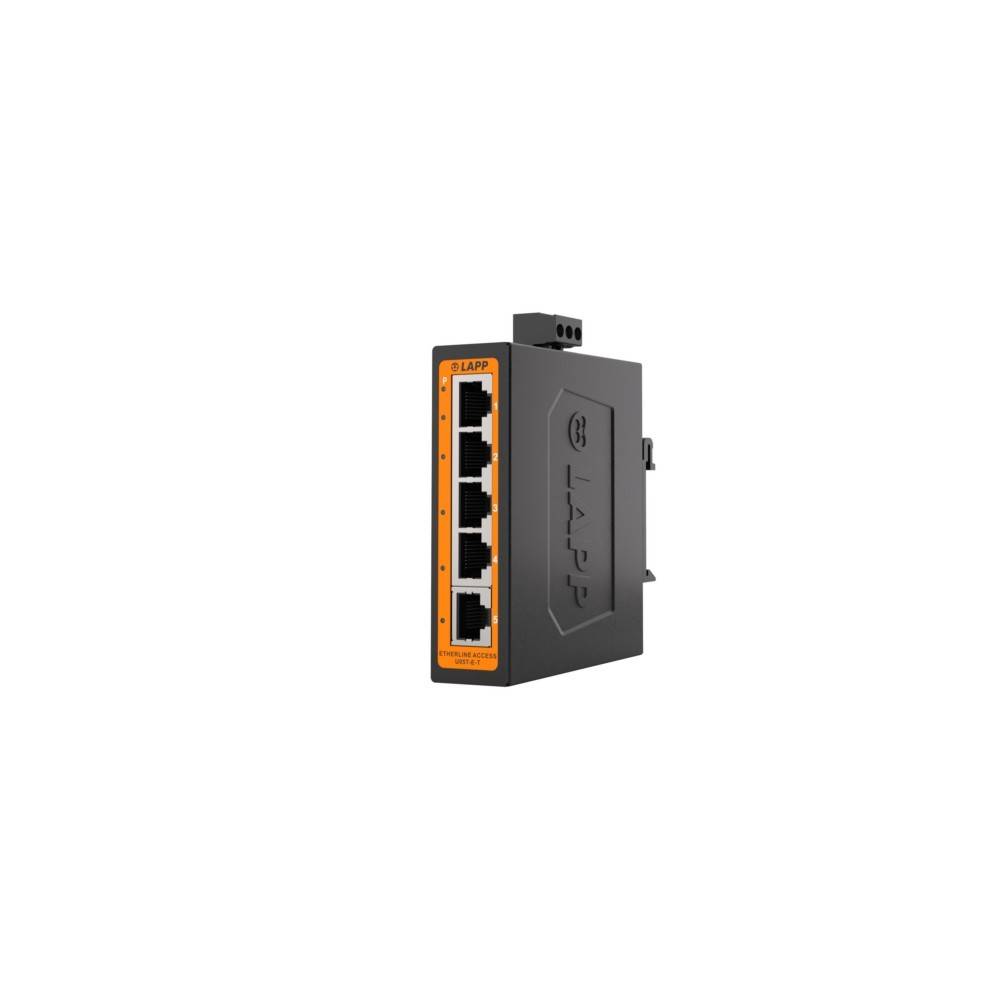 Industrie-Ethernet-Schalter mit fünf RJ45-Anschlüssen und orangefarbener Frontplatte, auf weißem Hintergrund dargestellt