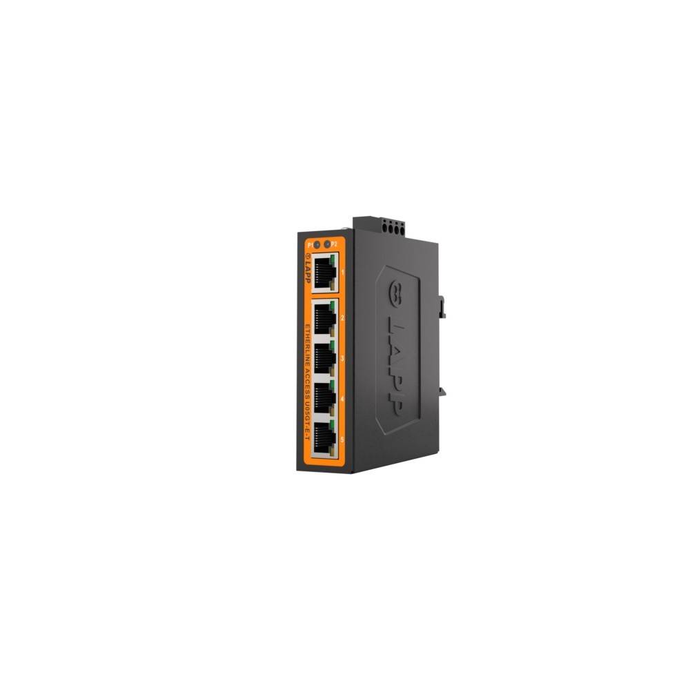 Industrieller Ethernet-Switch mit fünf RJ45-Anschlüssen an der Vorderseite und grau-schwarzem Metallgehäuse, dargestellt auf einfachem weißem Hintergrund.